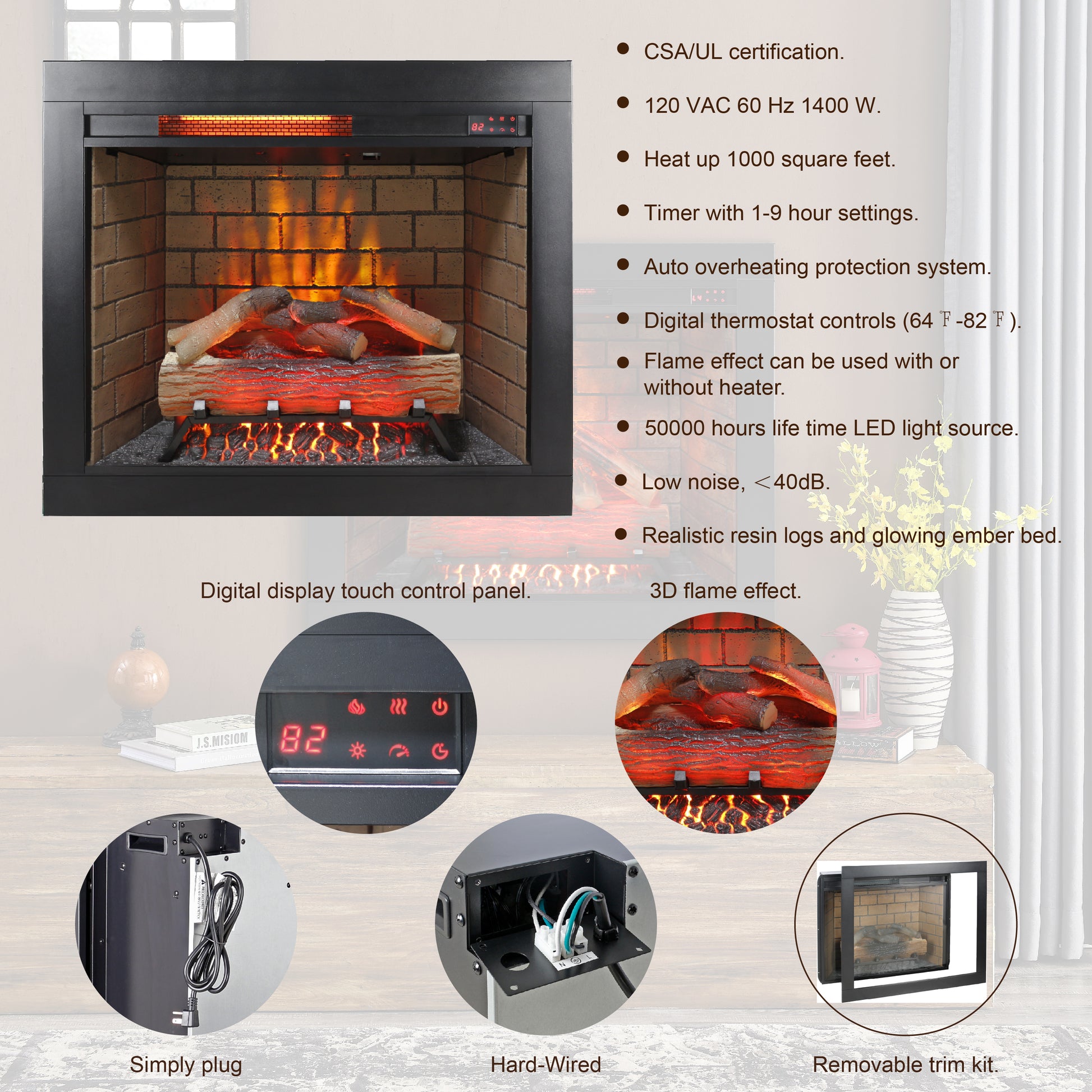 28Inch Infrared Electric Fireplace Insert, Touch Panel Home Decor Heater, Smokeless Firebox With Trim Kit Powder Coated Electric Antique Black Vent Free Primary Living Space Yes Insert Tempered Glass Sheet Metal Plastic Electric