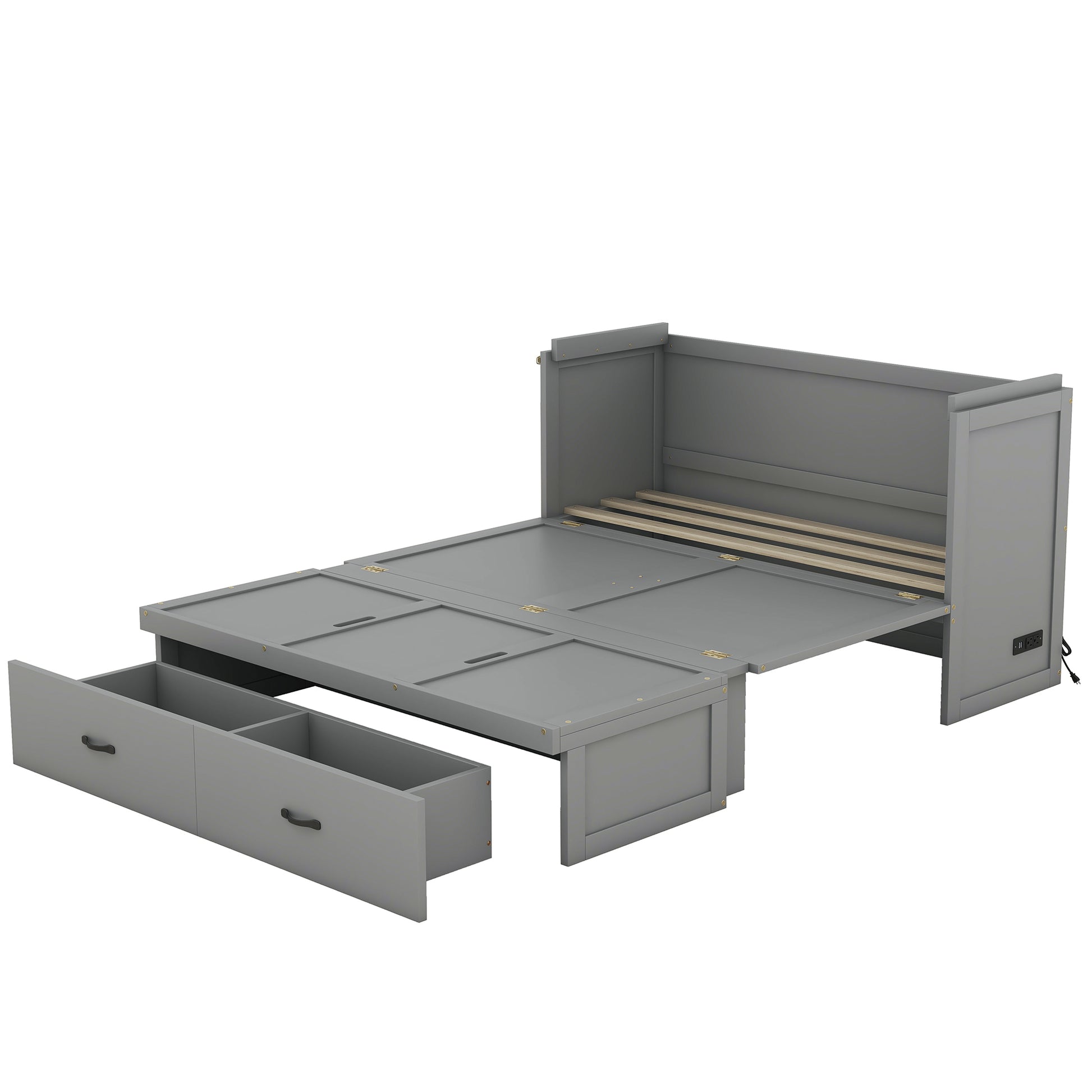 Queen Size Murphy Bed With Usb Port And A Large Drawer, Gray Gray Solid Wood Mdf