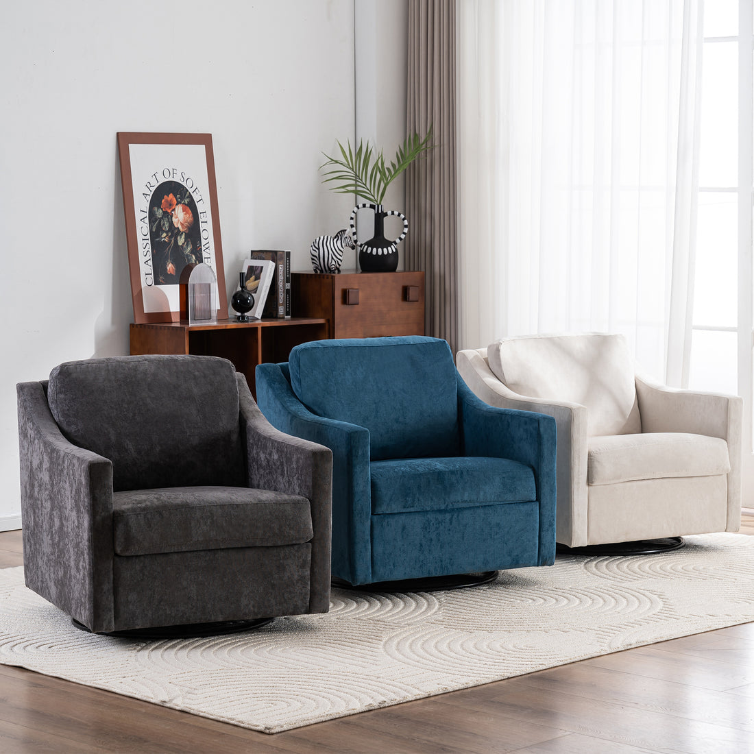 Large Swivel Chair, Upholstered Armchair, Modern Chair, Skin Friendly Gradient Color Linen Fabric, Comfortable To Sit. Suitable For Reception Living Room, Navy Blue Navy Blue Fabric