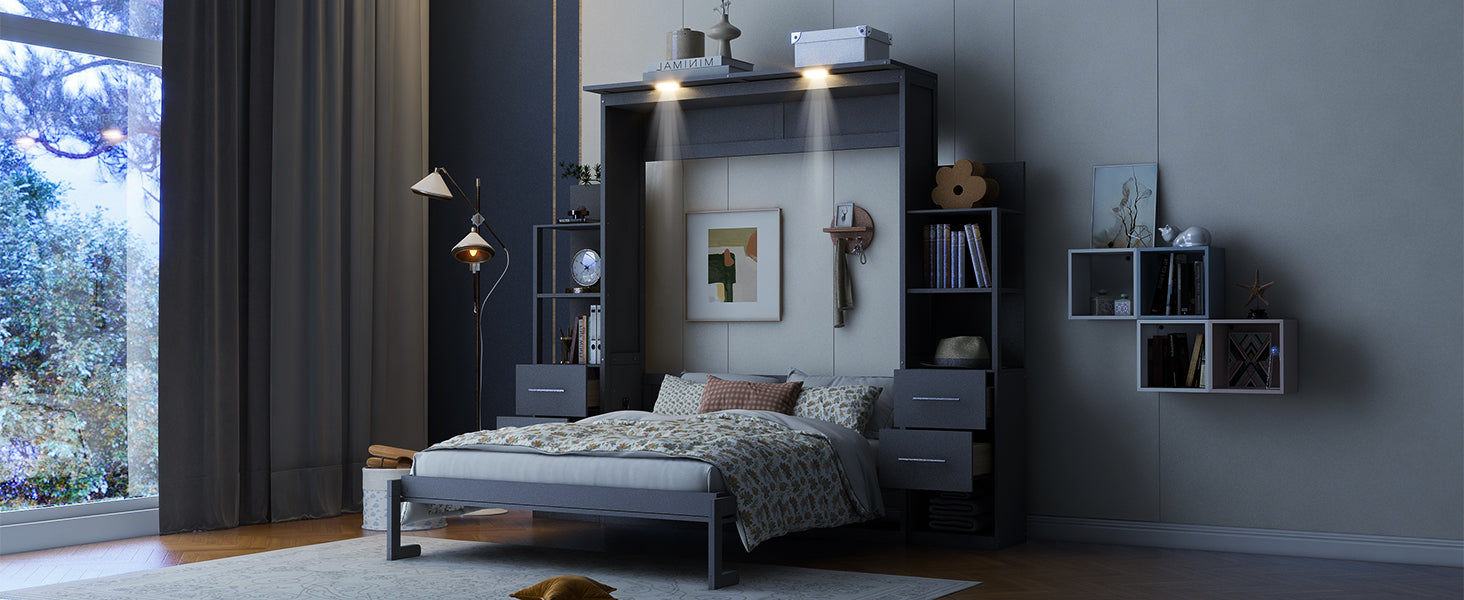 Queen Size Murphy Bed Wall Bed With Shelves, Drawers And Led Lights,Gray Queen Gray Mdf Lvl