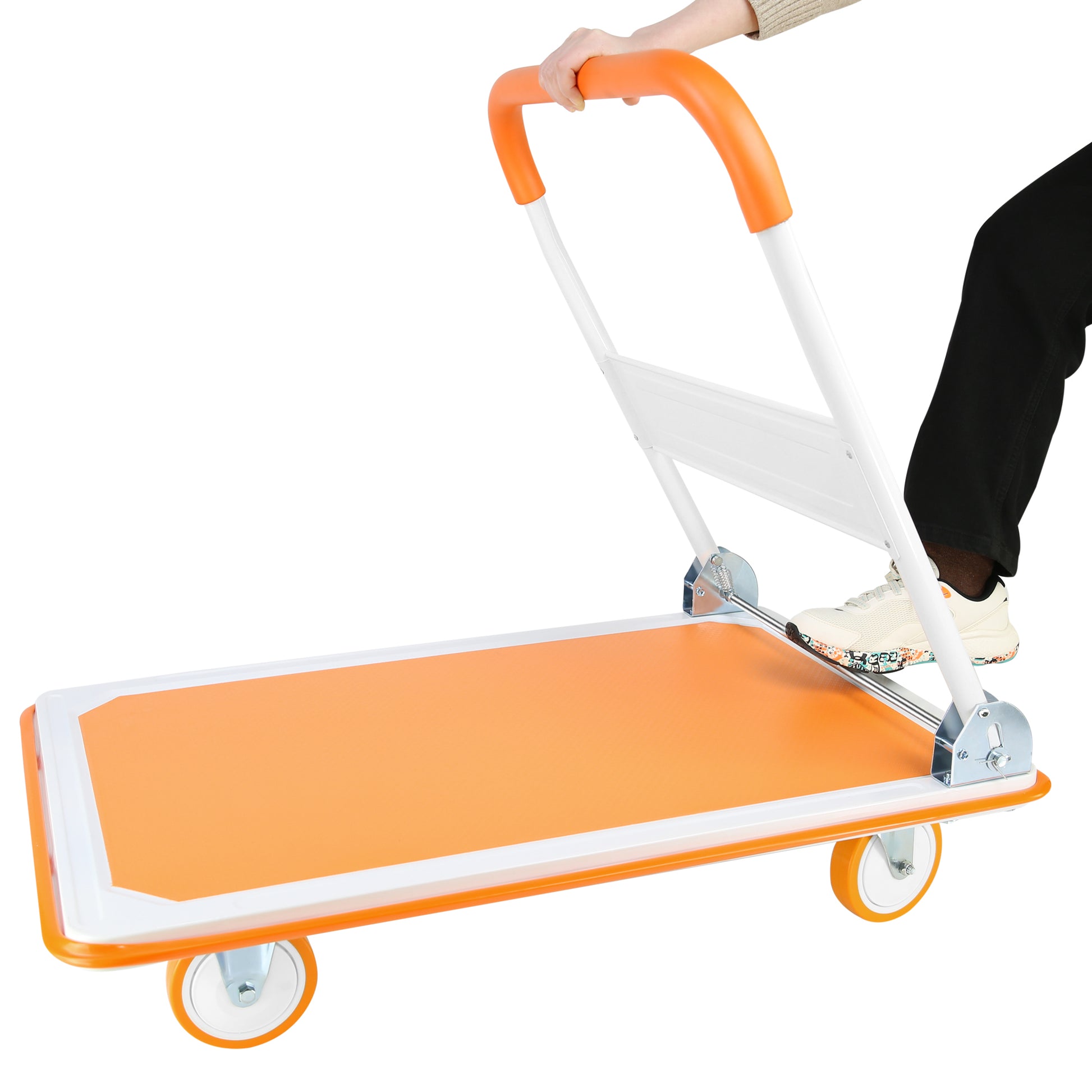 Foldable Push Cart Dolly 660 Lb. Capacity Heavy Duty Moving Platform Hand Truck Folding & Rolling White & Orange Flatbed Carts Orange Steel