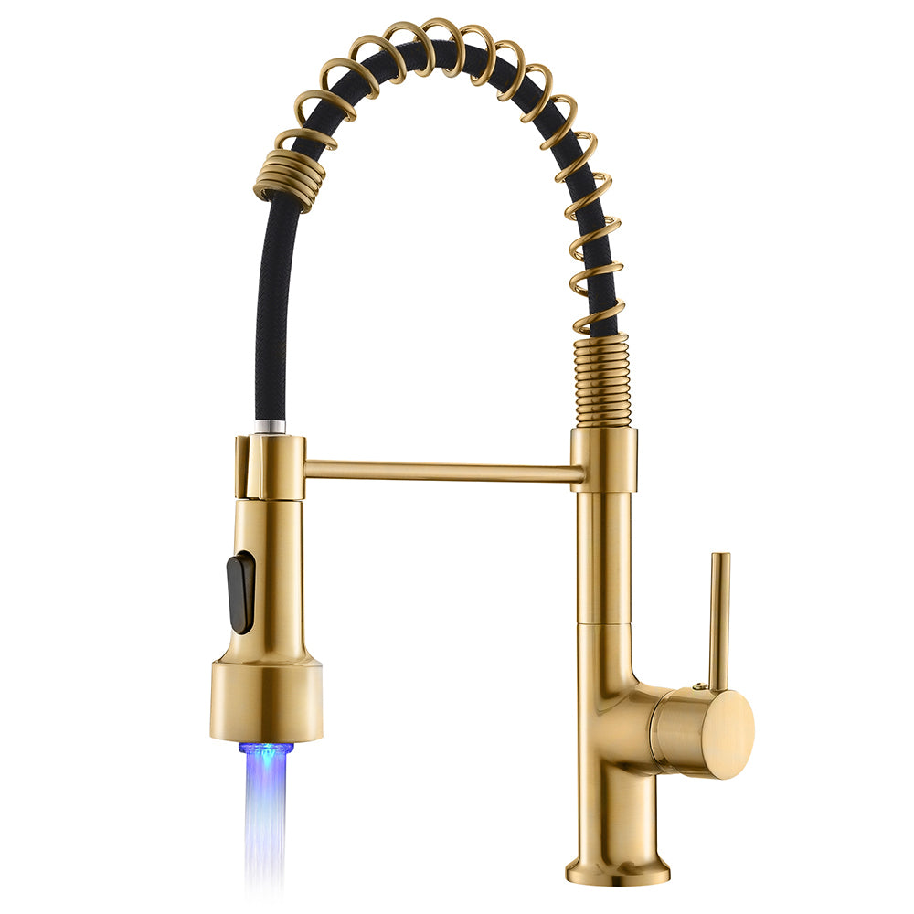 Commercial Led Kitchen Faucet With Pull Down Sprayer, Single Handle Single Lever Kitchen Sink Faucet Gold Kitchen Contemporary Ceramic Brass