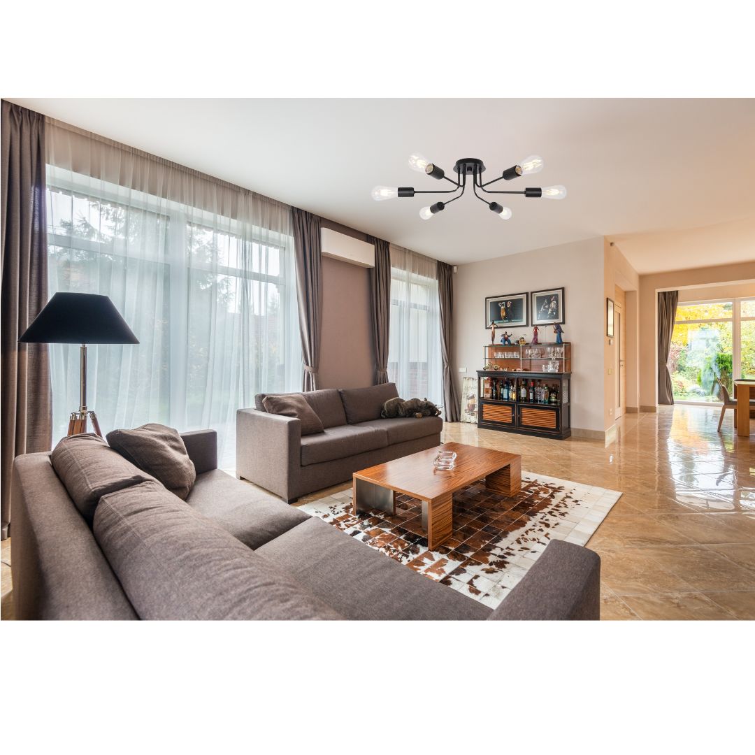 Modern Sputnik Chandelier 6 Light Semi Flush Mount Ceiling Lighting Cotemporary Industrial Brushed Nickel Ceiling Fixture Black Metal