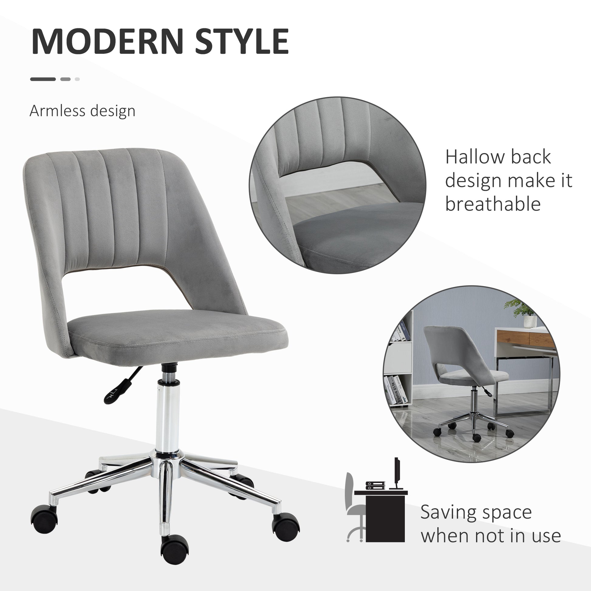 Vinsetto Modern Mid Back Office Chair With Velvet Fabric, Swivel Computer Armless Desk Chair With Hollow Back Design For Home Office, Grey Gray Polyester