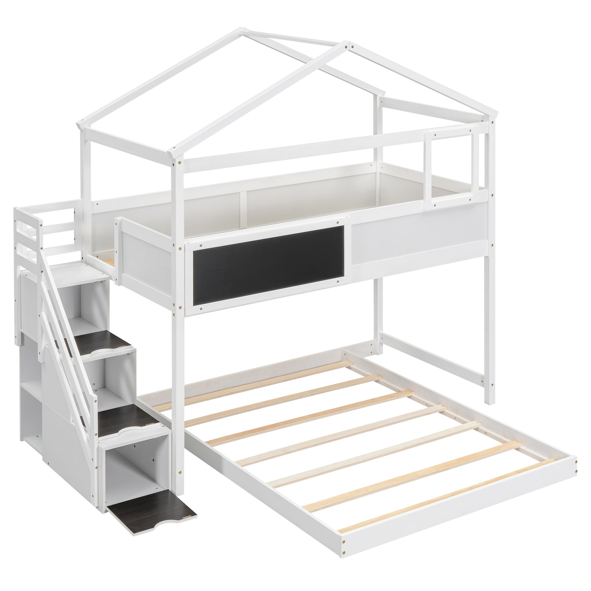 Twin Over Full House Bunk Bed With Storage Staircase And Blackboard,White Old Sku: Gx001701Aak Box Spring Not Required White Wood Bedroom Bunk Pine