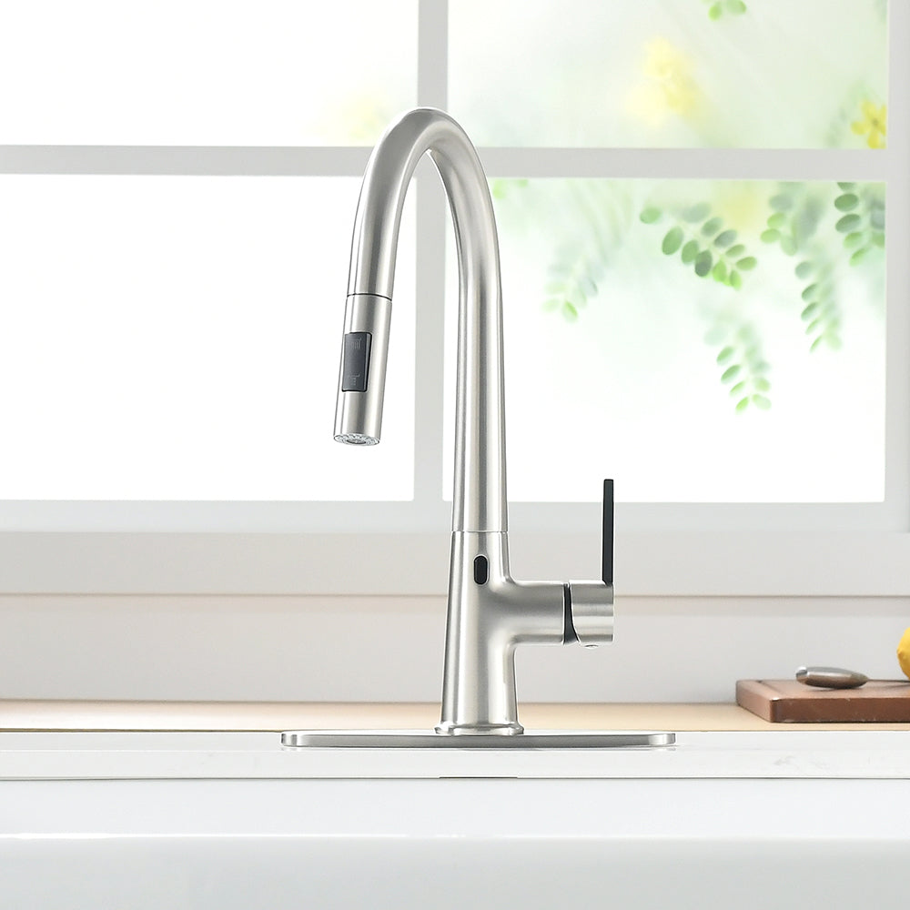 Touchless Kitchen Faucet,Hands Free Automatic Smart Kitchen Faucet Brushed Nickel Kitchen Contemporary Ceramic Zinc