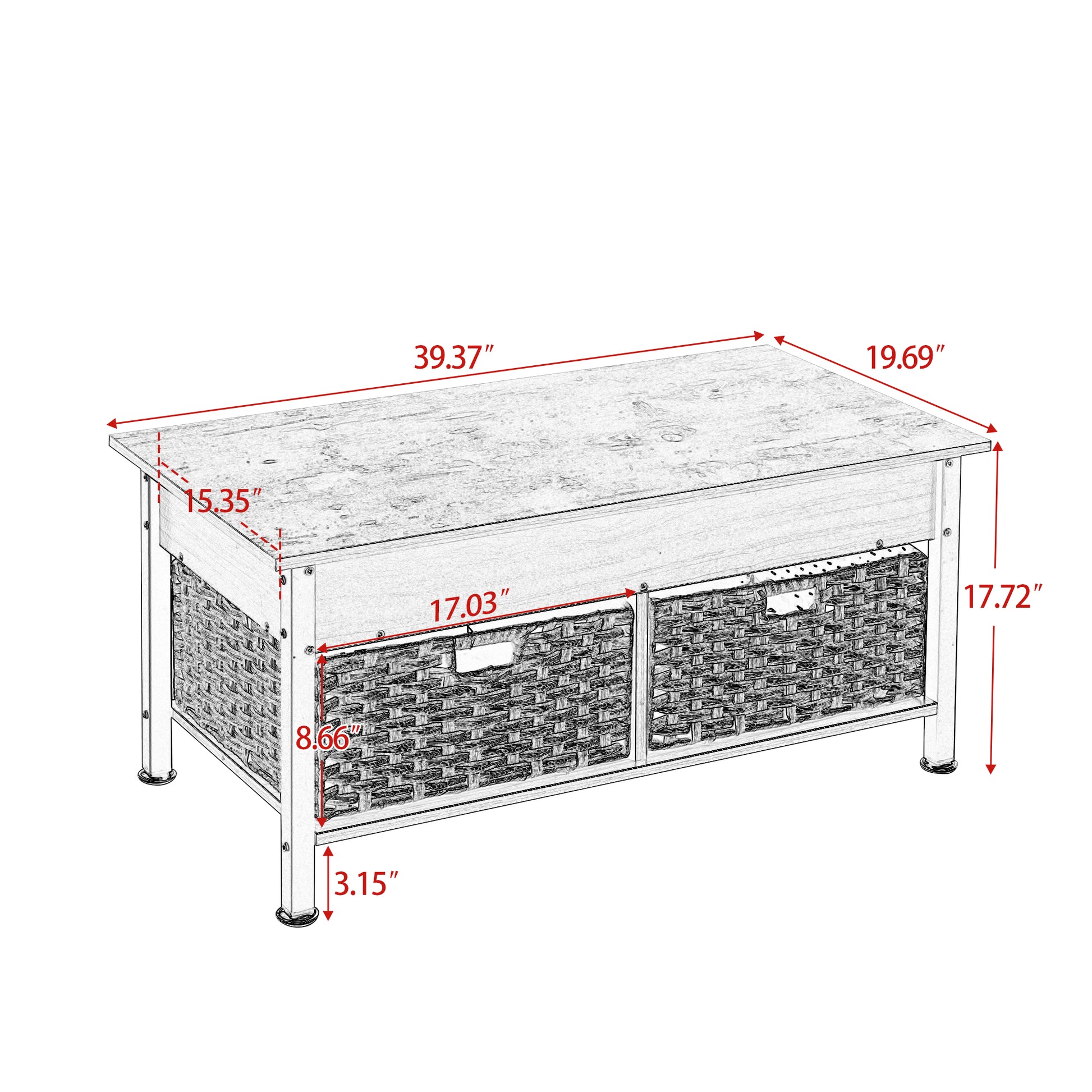 Metal Coffee Table,Desk,With A Lifting Table,And Hidden Storage Space.There Were Two Removable Wicker Baskets That Could Be Placed In Any Space Such As The Living Room,Color:Brown With Fire Wood Grain Light Brown Height Adjustable & Standing Desks