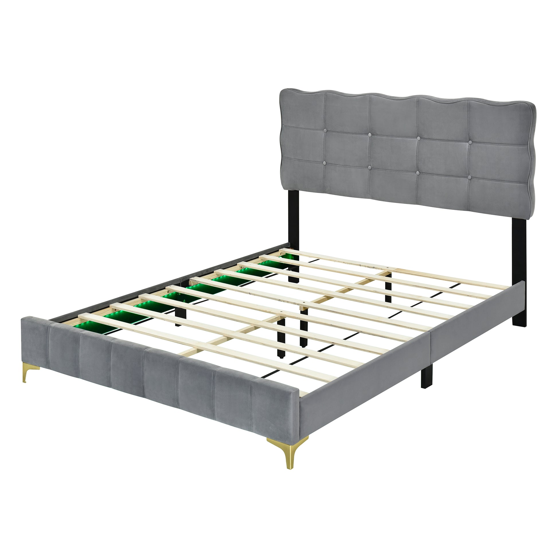 Queen Size Velvet Platform Bed With Led Frame And Stylish Mental Bed Legs, Gray Gray Velvet