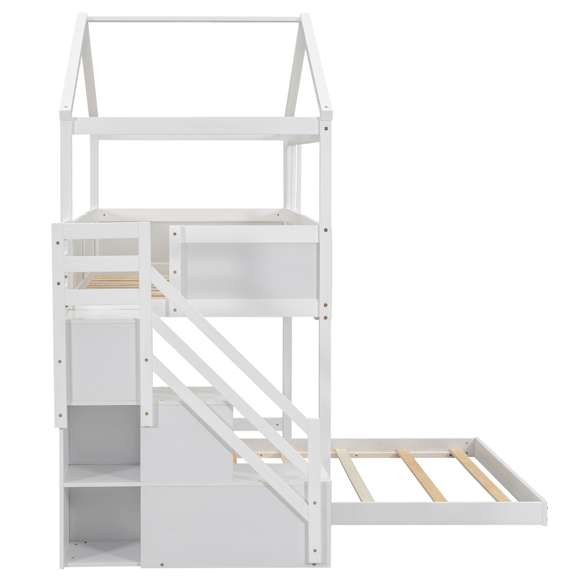 Twin Over Full House Bunk Bed With Storage Staircase And Blackboard,White Old Sku: Gx001701Aak Box Spring Not Required White Wood Bedroom Bunk Pine