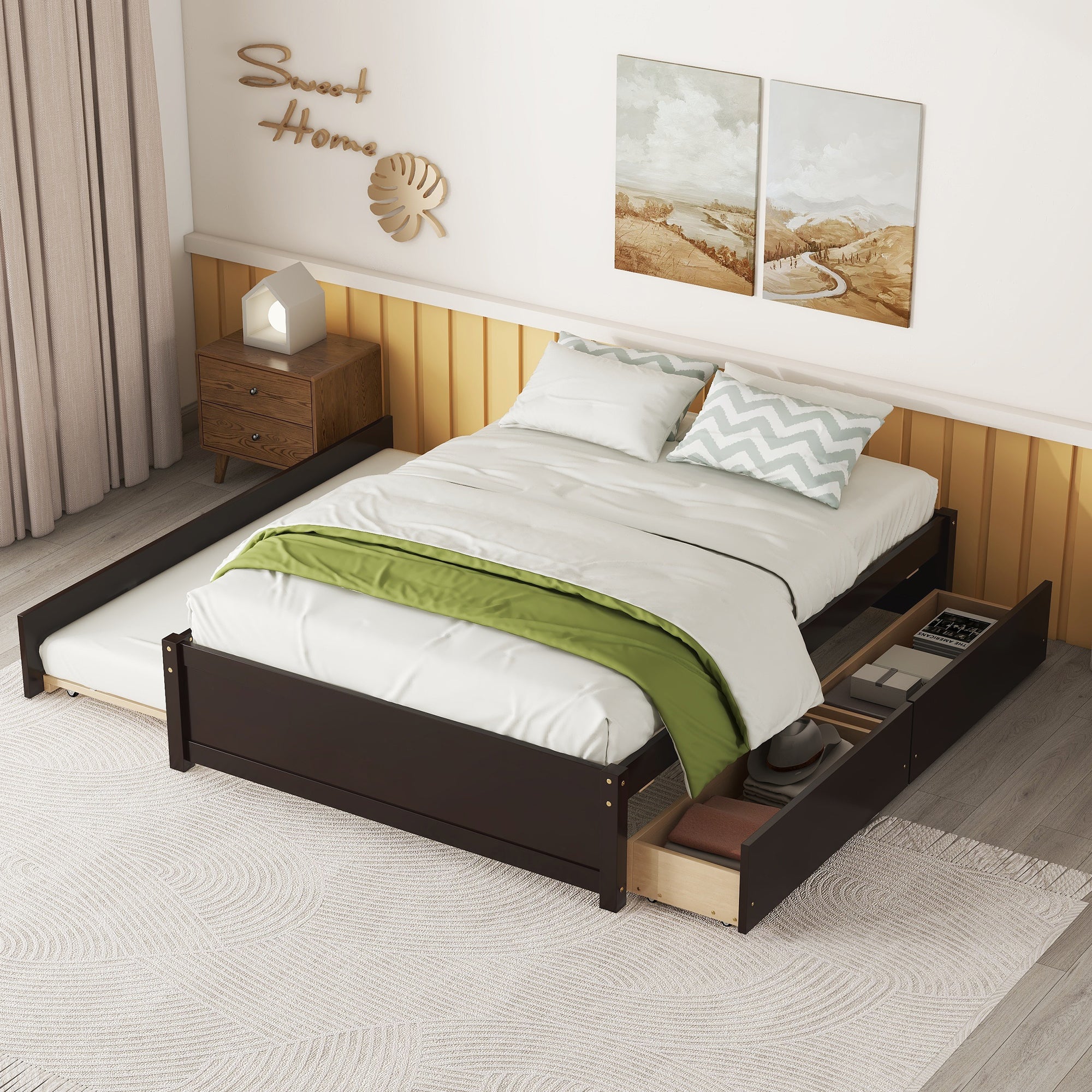 Full Bed With Twin Size Trundle And Two Drawers For Espresso Color Full Espresso Bedroom Solid Wood