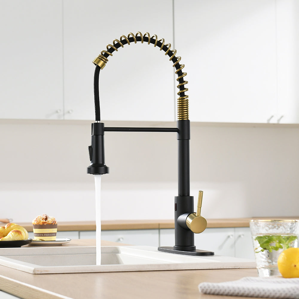 Touchless Kitchen Faucet,Hands Free Automatic Smart Kitchen Faucet Black Gold Kitchen Contemporary Ceramic Stainless Steel