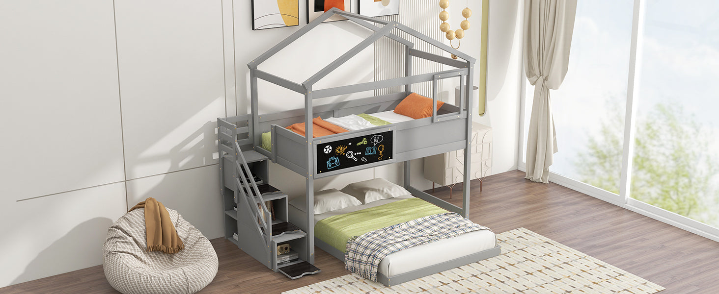 Twin Over Full House Bunk Bed With Storage Staircase And Blackboard,Gray Old Sku: Gx001701Aae Box Spring Not Required Gray Wood Bedroom Bunk Pine