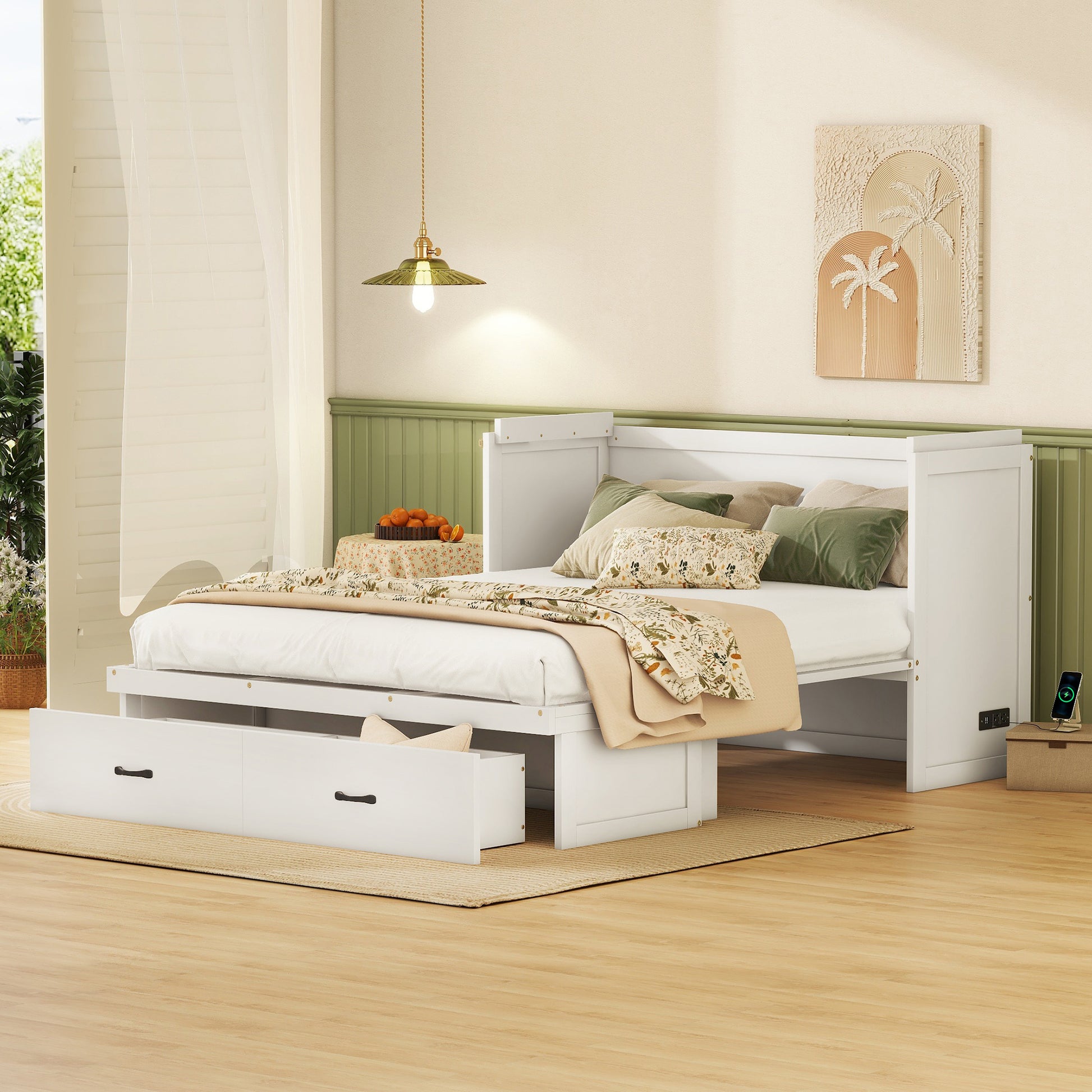 Queen Size Murphy Bed With Usb Port And A Large Drawer, White Queen White Solid Wood Mdf