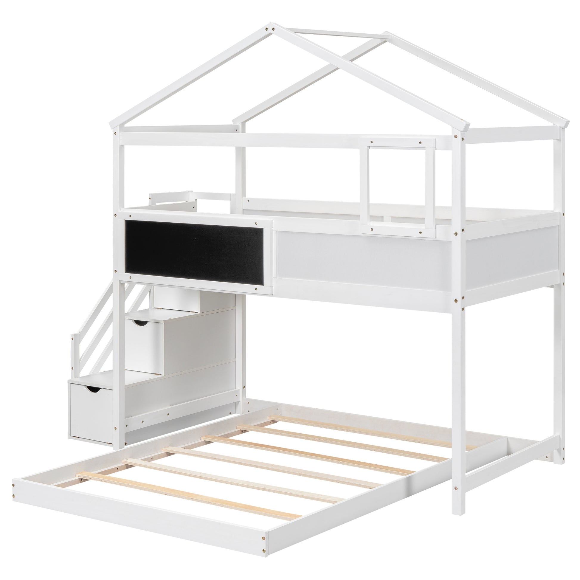 Twin Over Full House Bunk Bed With Storage Staircase And Blackboard,White Old Sku: Gx001701Aak Box Spring Not Required White Wood Bedroom Bunk Pine