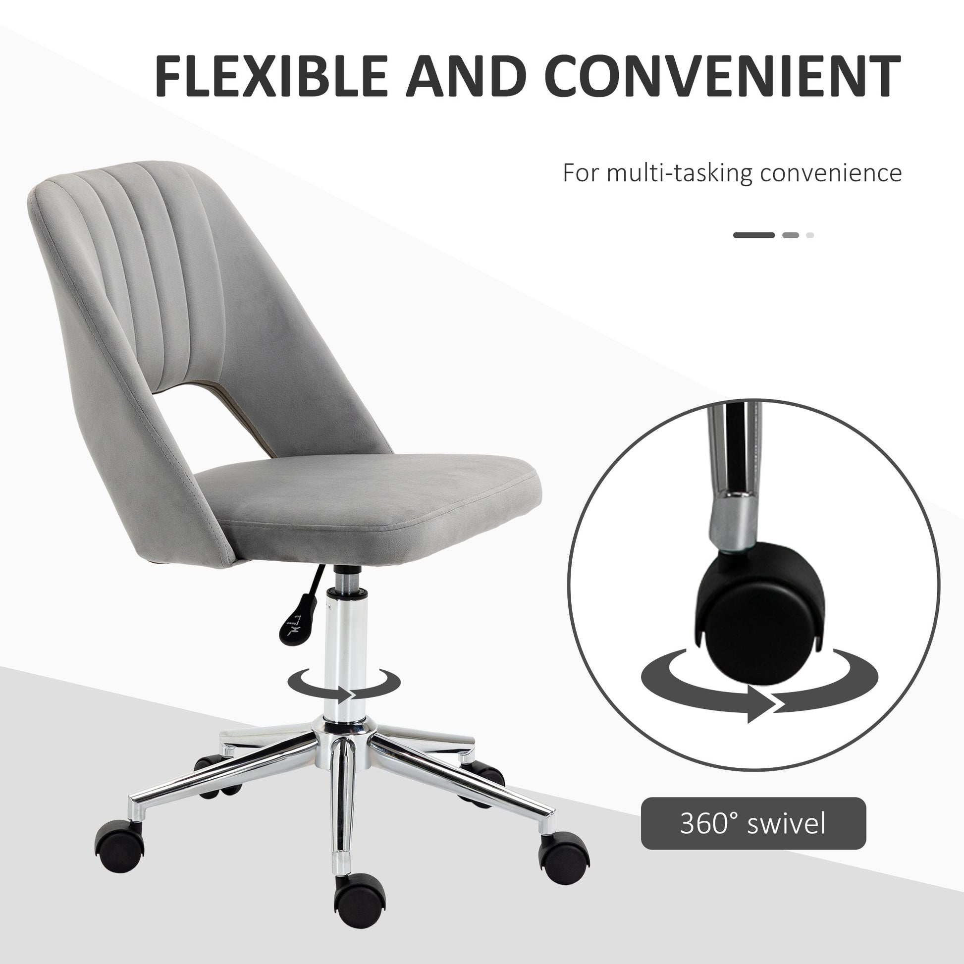 Vinsetto Modern Mid Back Office Chair With Velvet Fabric, Swivel Computer Armless Desk Chair With Hollow Back Design For Home Office, Grey Gray Polyester