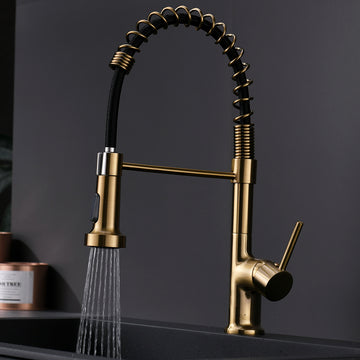 Commercial Kitchen Faucet With Pull Down Sprayer, Single Handle Single Lever Kitchen Sink Faucet Gold Kitchen Contemporary Ceramic Brass