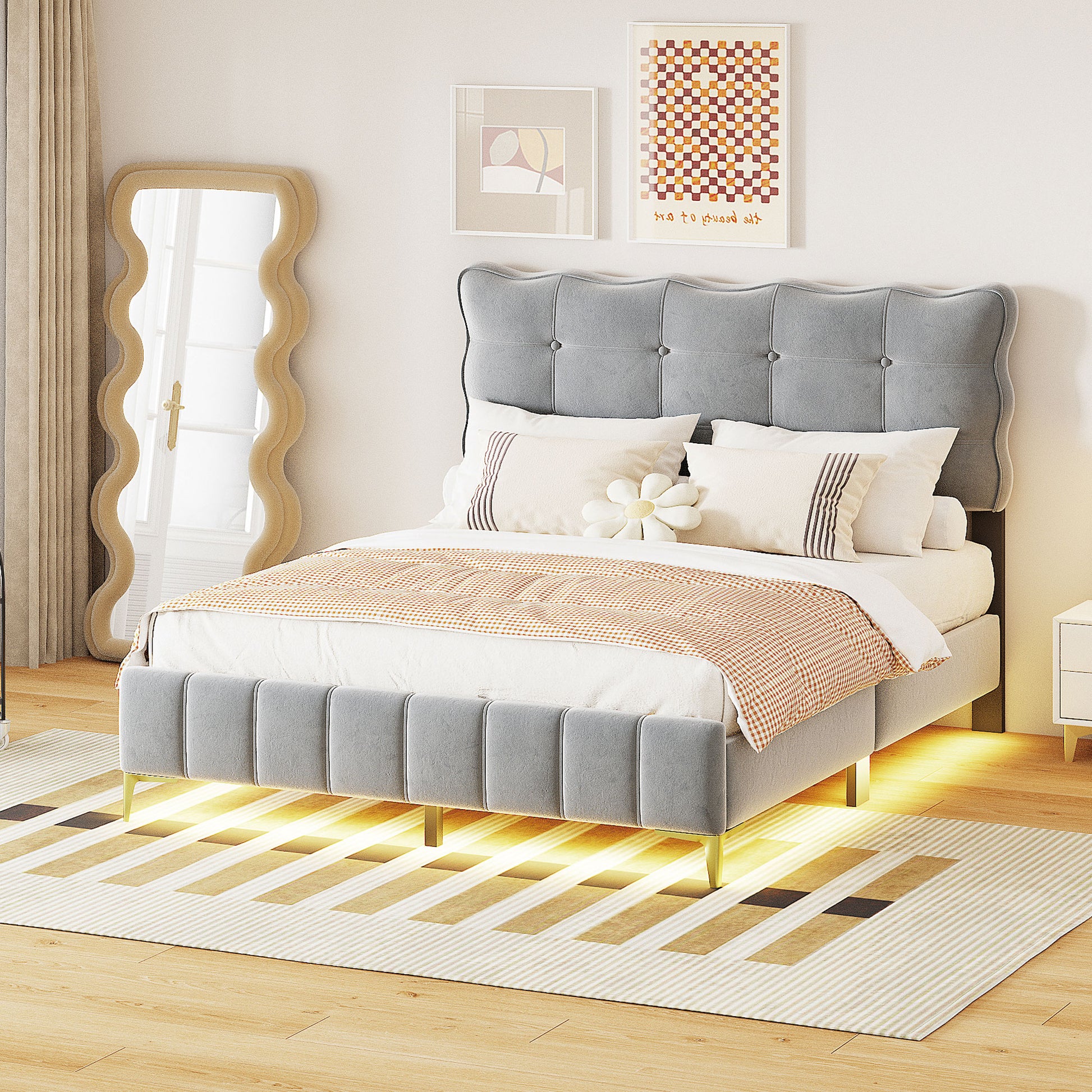 Queen Size Velvet Platform Bed With Led Frame And Stylish Mental Bed Legs, Gray Gray Velvet