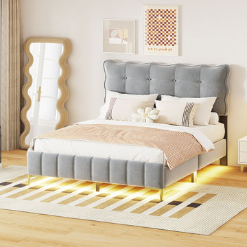 Queen Size Velvet Platform Bed With Led Frame And Stylish Mental Bed Legs, Gray Gray Velvet