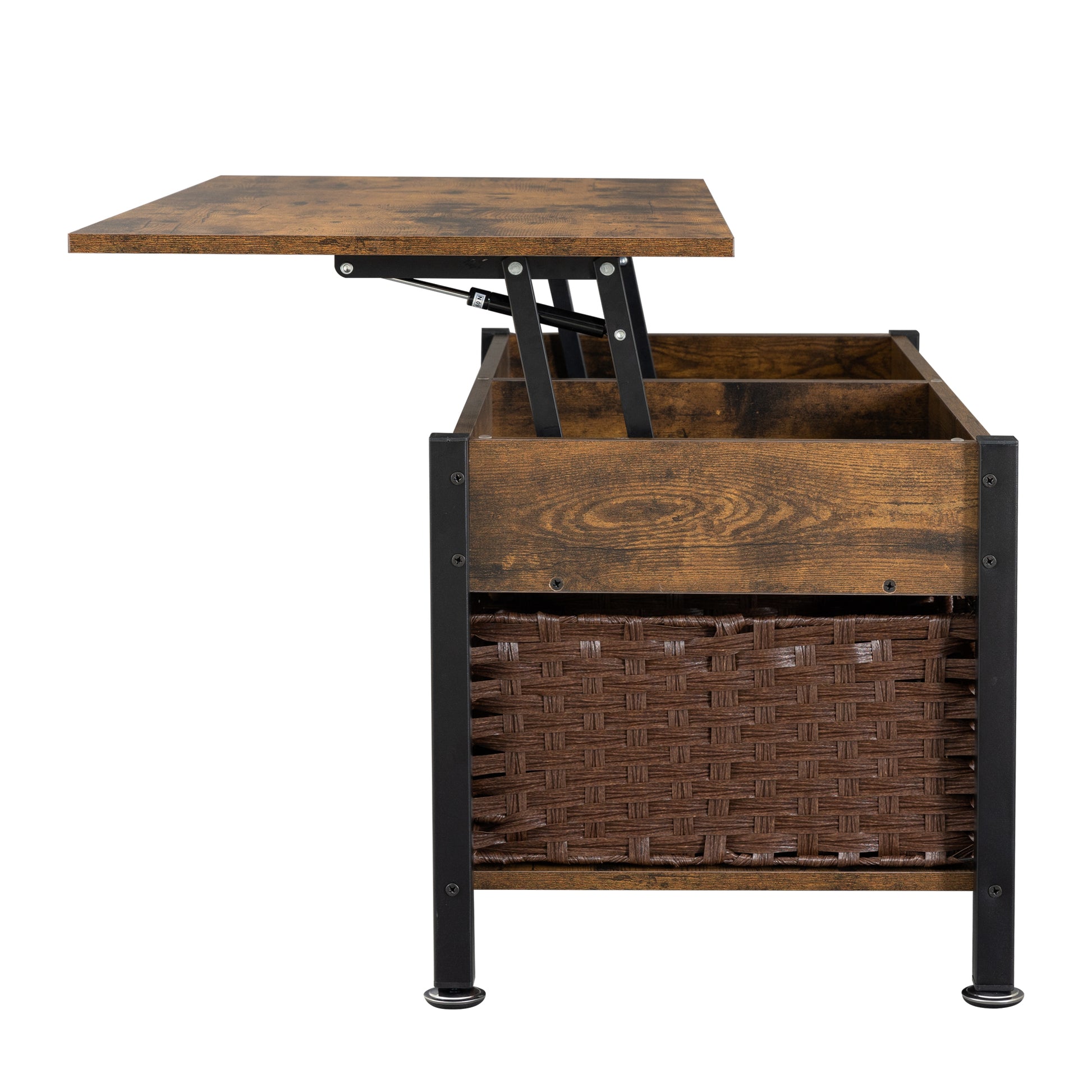 Metal Coffee Table,Desk,With A Lifting Table,And Hidden Storage Space.There Were Two Removable Wicker Baskets That Could Be Placed In Any Space Such As The Living Room,Color:Brown With Fire Wood Grain Light Brown Height Adjustable & Standing Desks