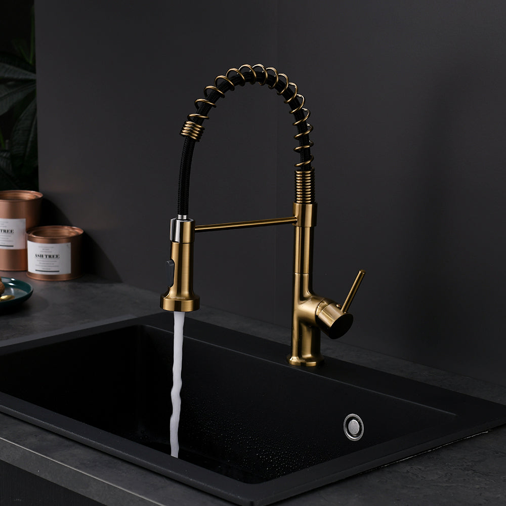 Commercial Kitchen Faucet With Pull Down Sprayer, Single Handle Single Lever Kitchen Sink Faucet Gold Kitchen Contemporary Ceramic Brass