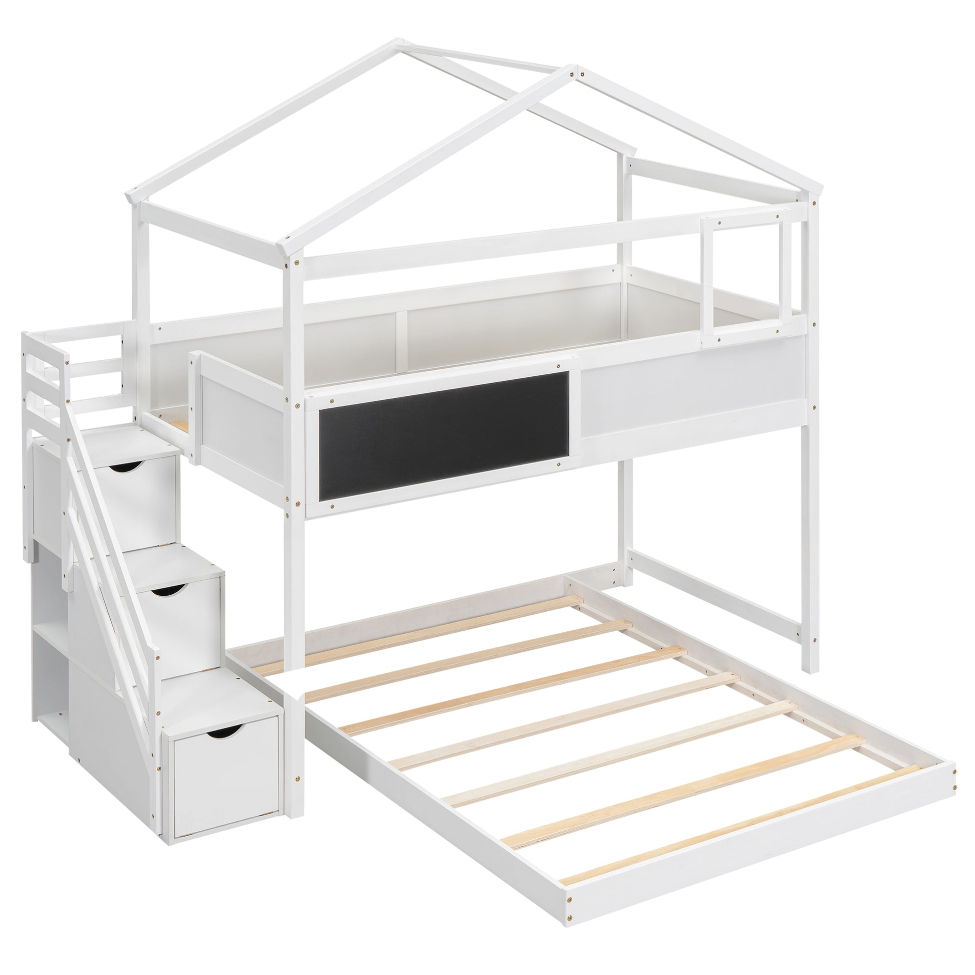 Twin Over Full House Bunk Bed With Storage Staircase And Blackboard,White Old Sku: Gx001701Aak Box Spring Not Required White Wood Bedroom Bunk Pine