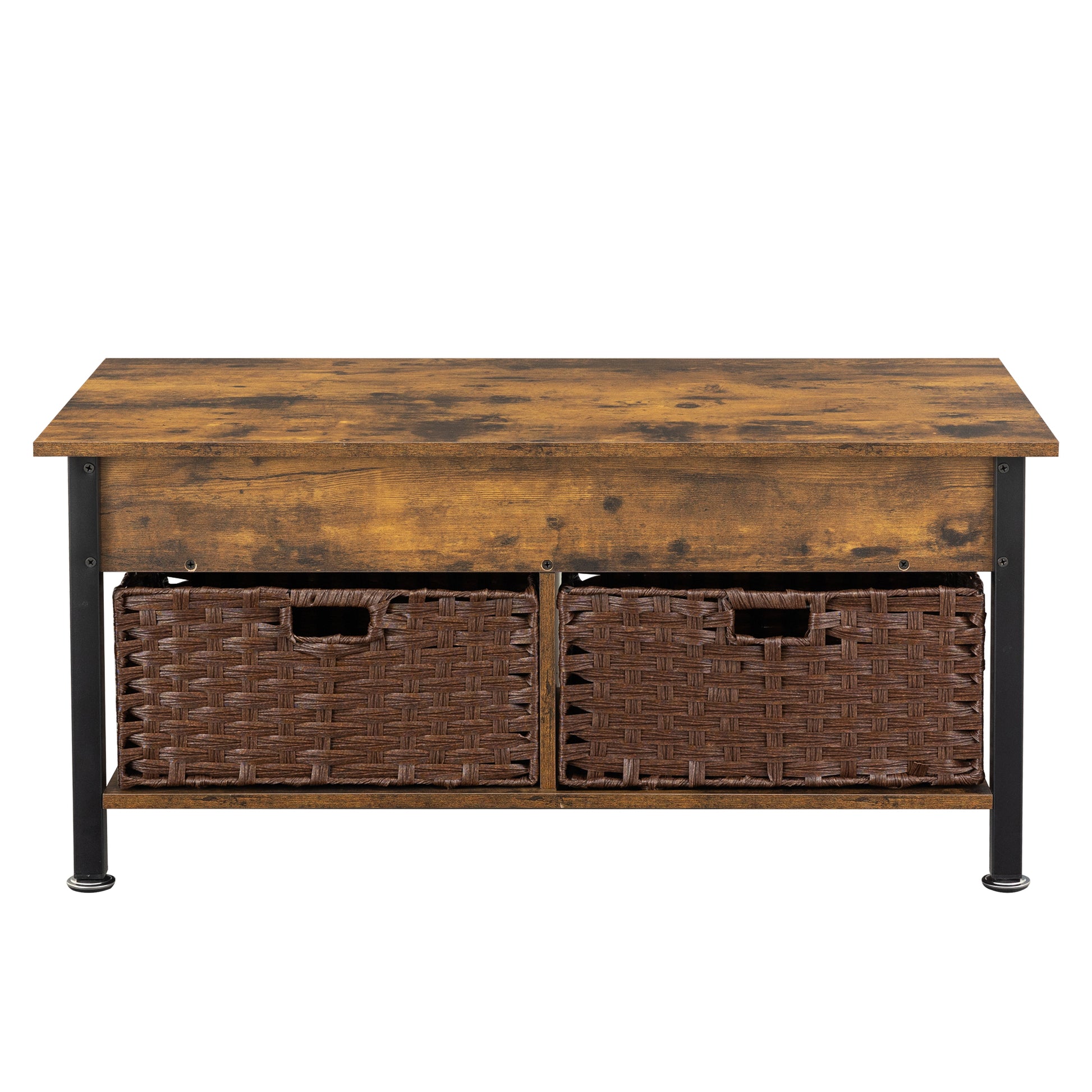 Metal Coffee Table,Desk,With A Lifting Table,And Hidden Storage Space.There Were Two Removable Wicker Baskets That Could Be Placed In Any Space Such As The Living Room,Color:Brown With Fire Wood Grain Light Brown Height Adjustable & Standing Desks