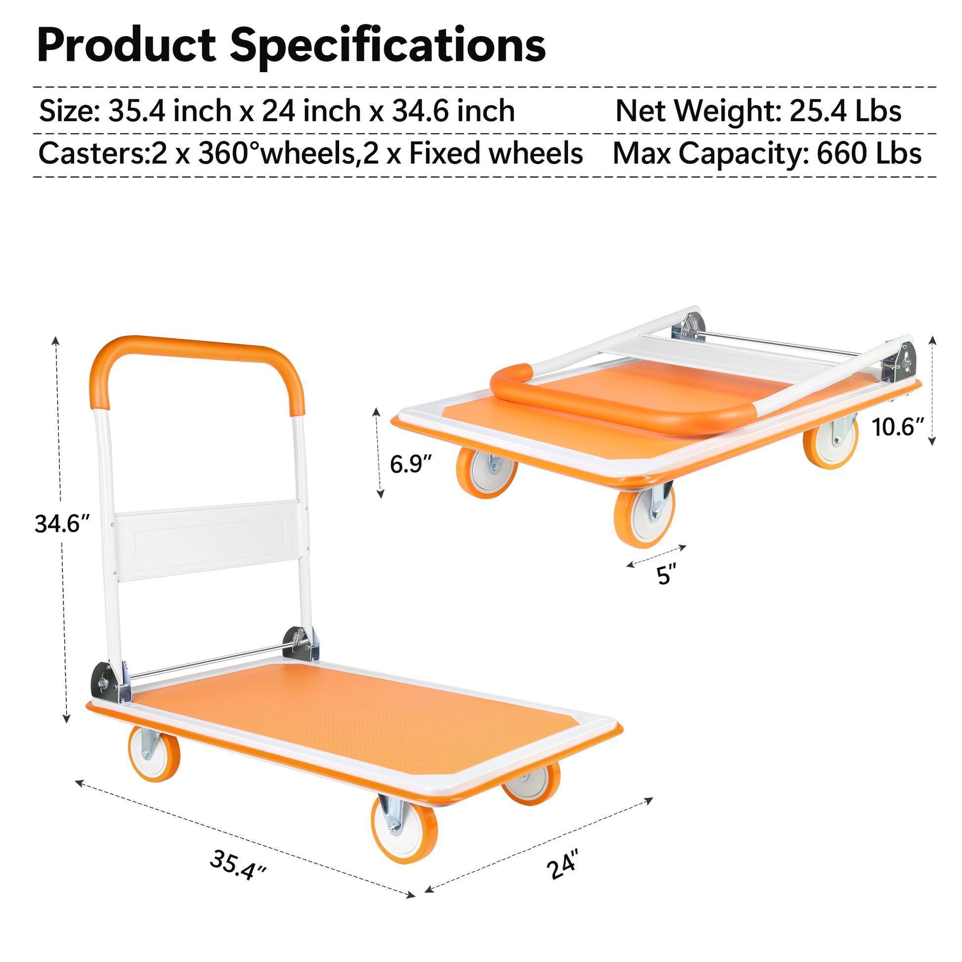 Foldable Push Cart Dolly 660 Lb. Capacity Heavy Duty Moving Platform Hand Truck Folding & Rolling White & Orange Flatbed Carts Orange Steel