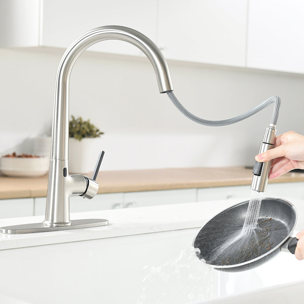 Touchless Kitchen Faucet,Hands Free Automatic Smart Kitchen Faucet Brushed Nickel Kitchen Contemporary Ceramic Zinc