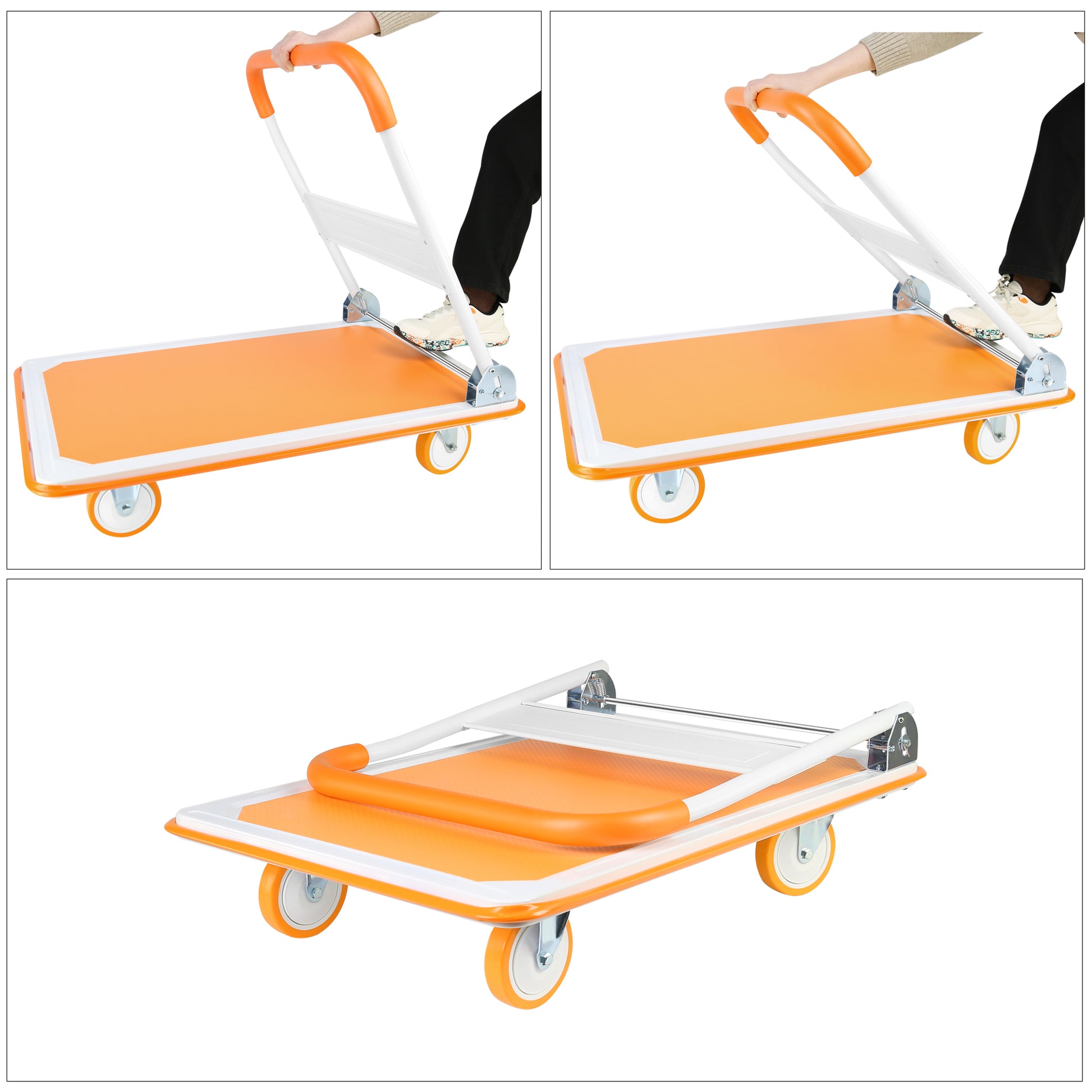 Foldable Push Cart Dolly 660 Lb. Capacity Heavy Duty Moving Platform Hand Truck Folding & Rolling White & Orange Flatbed Carts Orange Steel