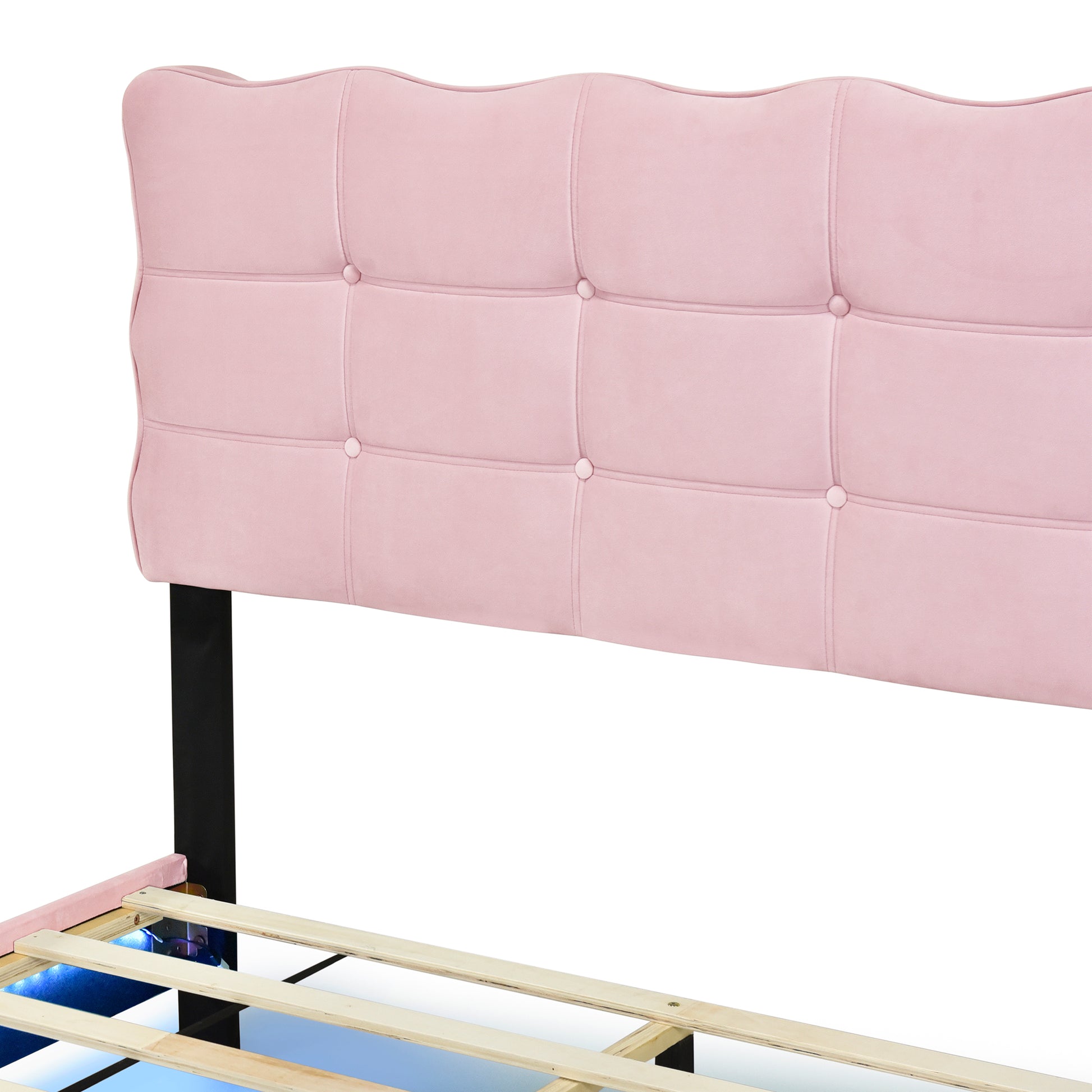 Full Size Velvet Platform Bed With Led Frame And Stylish Mental Bed Legs, Pink Pink Velvet