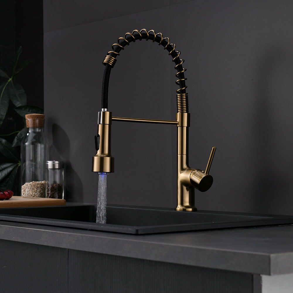 Commercial Led Kitchen Faucet With Pull Down Sprayer, Single Handle Single Lever Kitchen Sink Faucet Gold Kitchen Contemporary Ceramic Brass