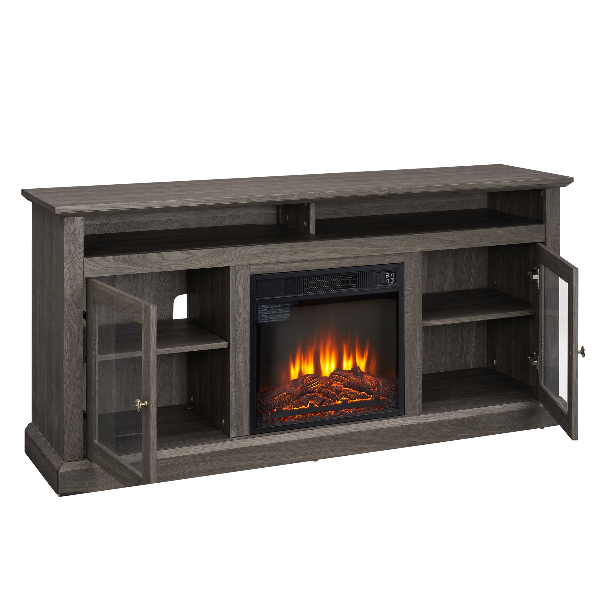 Contemporary Tv Media Stand Modern Entertainment Console With 18" Fireplace Insert For Tv Up To 65" With Open And Closed Storage Space, Dark Walnut Black, 60"W*15.75"D*29"H Black Dark Walnut Primary Living Space 60 69 Inches 60 69 Inches 65 Inches Mdf