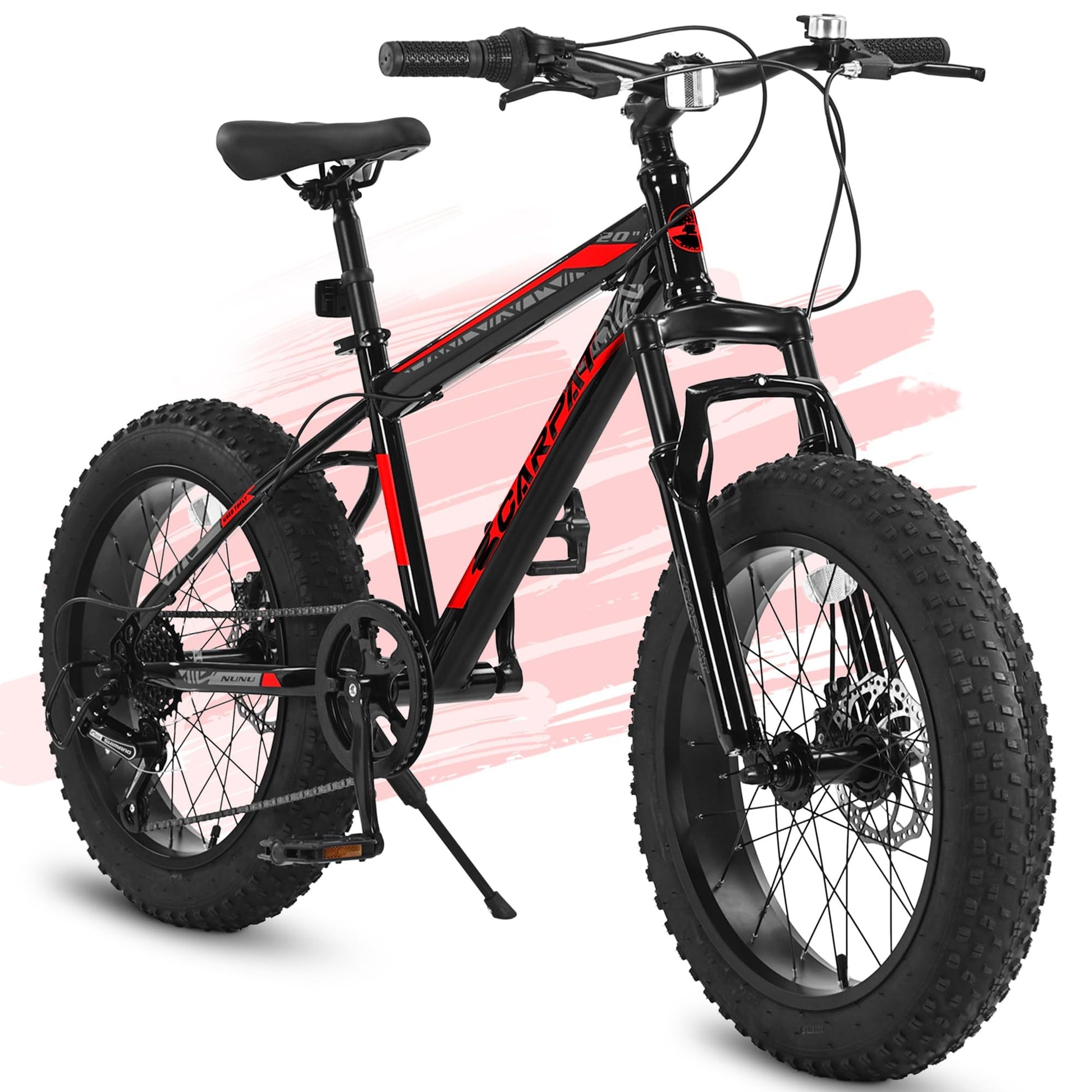 Ecarpat Kids Bike 20 Inch Wheels, 4" Wide Fat Tire Snow Mountain Bike Ages 8 12 Year Old, Steel Frame, 7 Speed Teenager Children Kids' Bicycles Cycling Black Red Without Durable Garden & Outdoor Classic Multifunctional Polyurethane Foam Steel