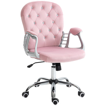 Vinsetto Velvet Home Office Chair, Button Tufted Desk Chair With Padded Armrests, Adjustable Height And Swivel Wheels, Pink Pink Polyester