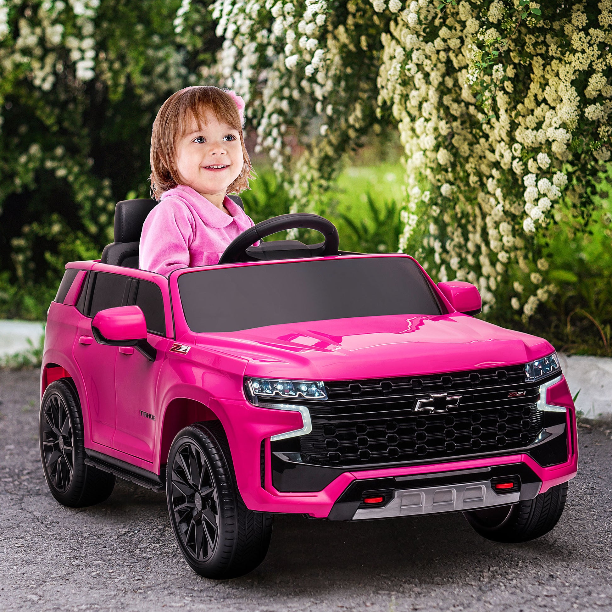 Aosom Chevrolet Tahoe Licensed Kids Ride On Car, 12V Battery Powered Kids Electric Car With Remote Control, Music, Lights, Horn, Suspension For 3 6 Years Old, Pink Pink Steel