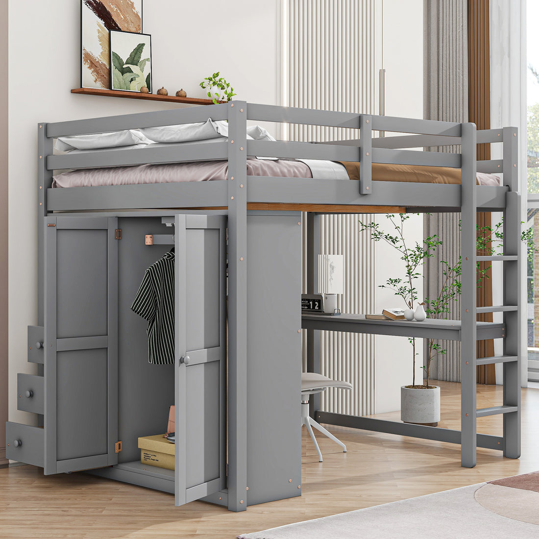 Wood Full Size Loft Bed With Built In Wardrobe, Desk, Storage Shelves And Drawers, Gray Box Spring Not Required Full Gray Wood Bedroom Bed Frame Solid Wood Mdf