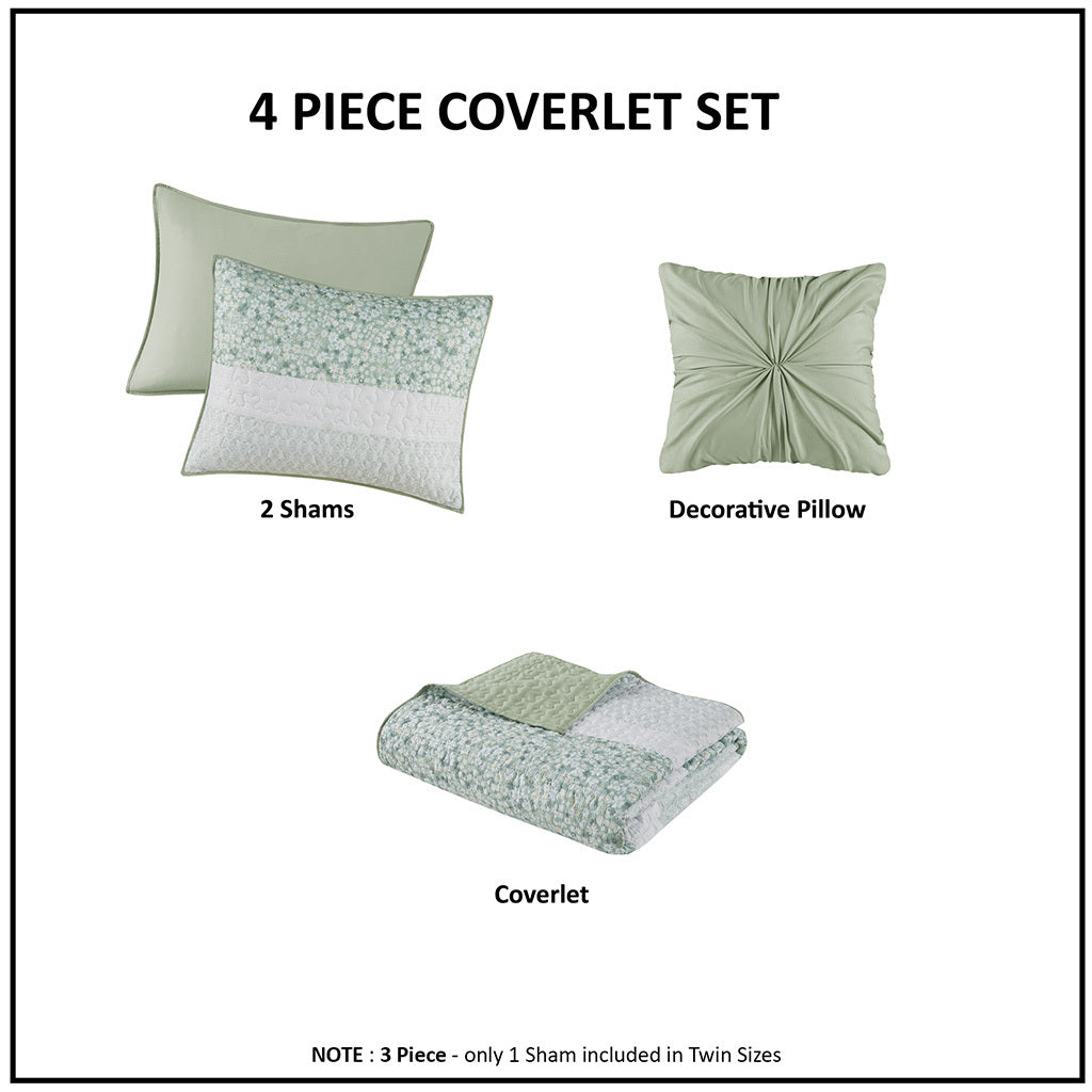 4 Piece Seersucker Quilt Set With Throw Pillow Green Polyester