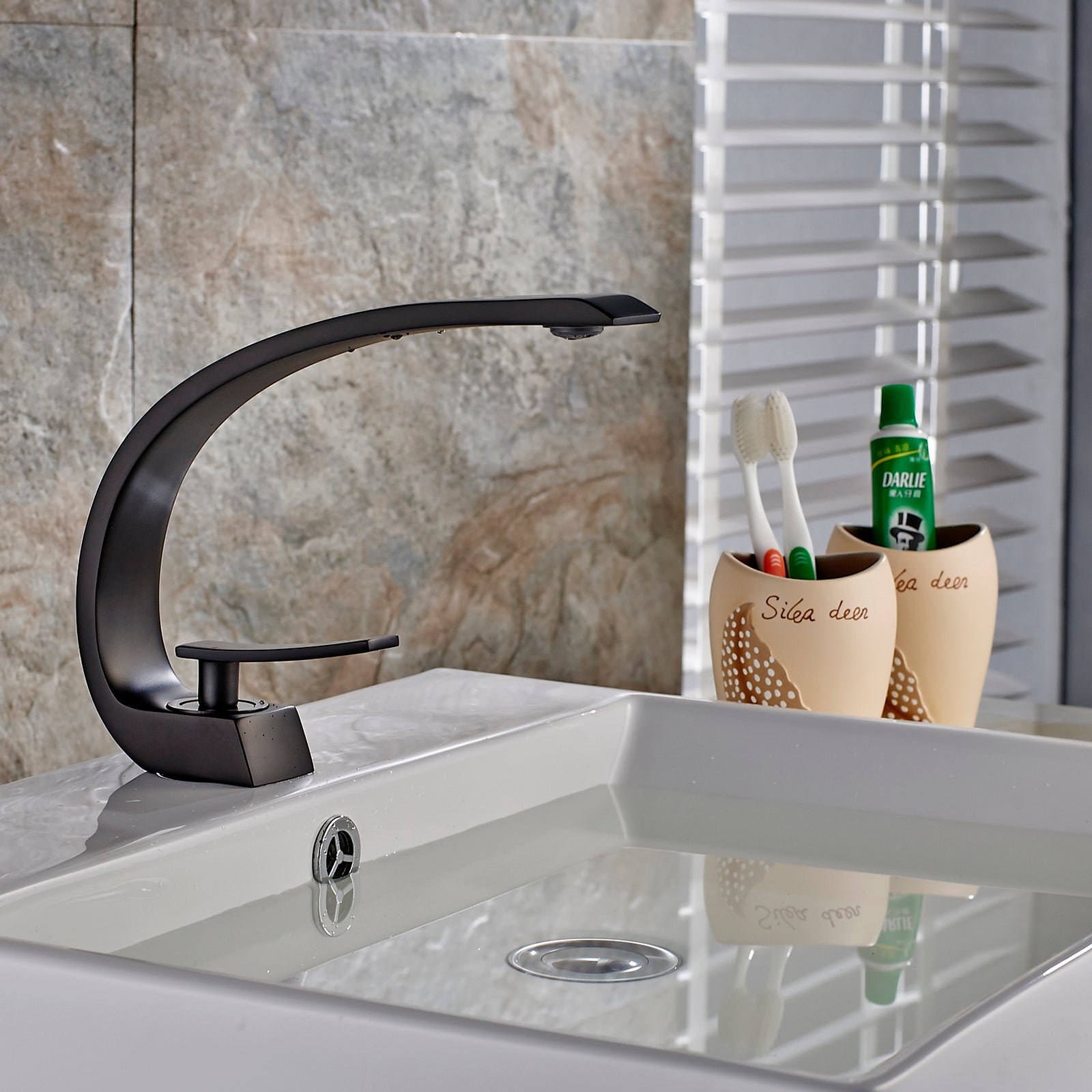 Black Bathroom Faucet, Brushed Black Faucet For Bathroom Sink, Black Single Hole Bathroom Faucet Modern Single Handle Vanity Basin Faucet Bathroom Joystick Geometric One Black Side Sprayer Deck Mounted Cartridge Valve Single Hole Faucets Matte Black