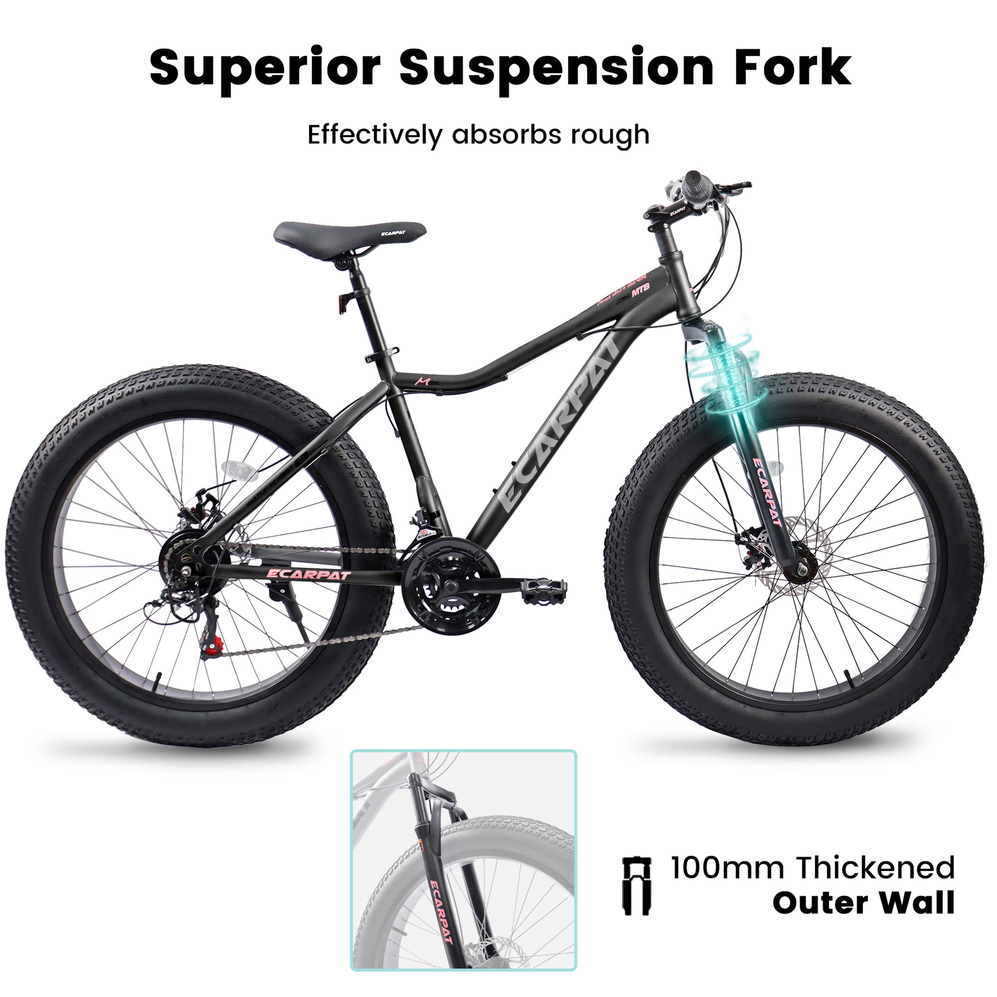 Ecarpat 26 Inch Fat Tires Mountain Bike, 4 Inch Wide Wheel, 21 Speed Disc Brakes, Mens Womens Trail Beach Snow Commuter City Mountain Bike, High Carbon Steel Frame Front Fork Bicycles Cycling Black Durable Garden & Outdoor Sporty Multifunctional