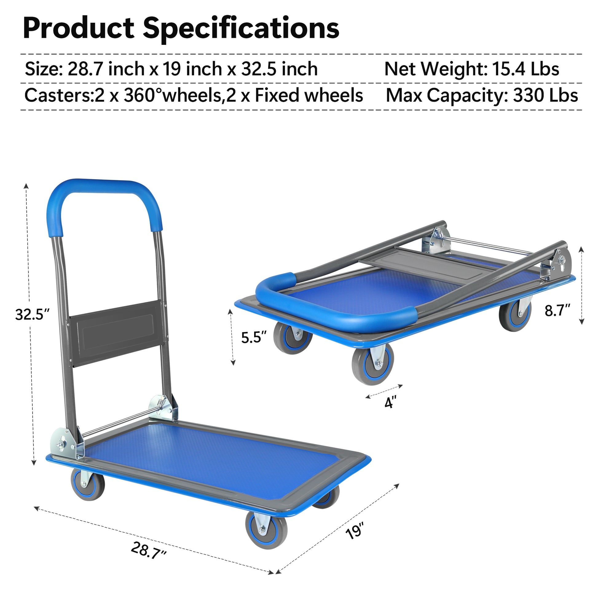 Upgraded Foldable Push Cart Dolly 330 Lbs. Capacity Moving Platform Hand Truck Heavy Duty Space Saving Collapsible Swivel Push Handle Flat Bed Wagon Blue Steel