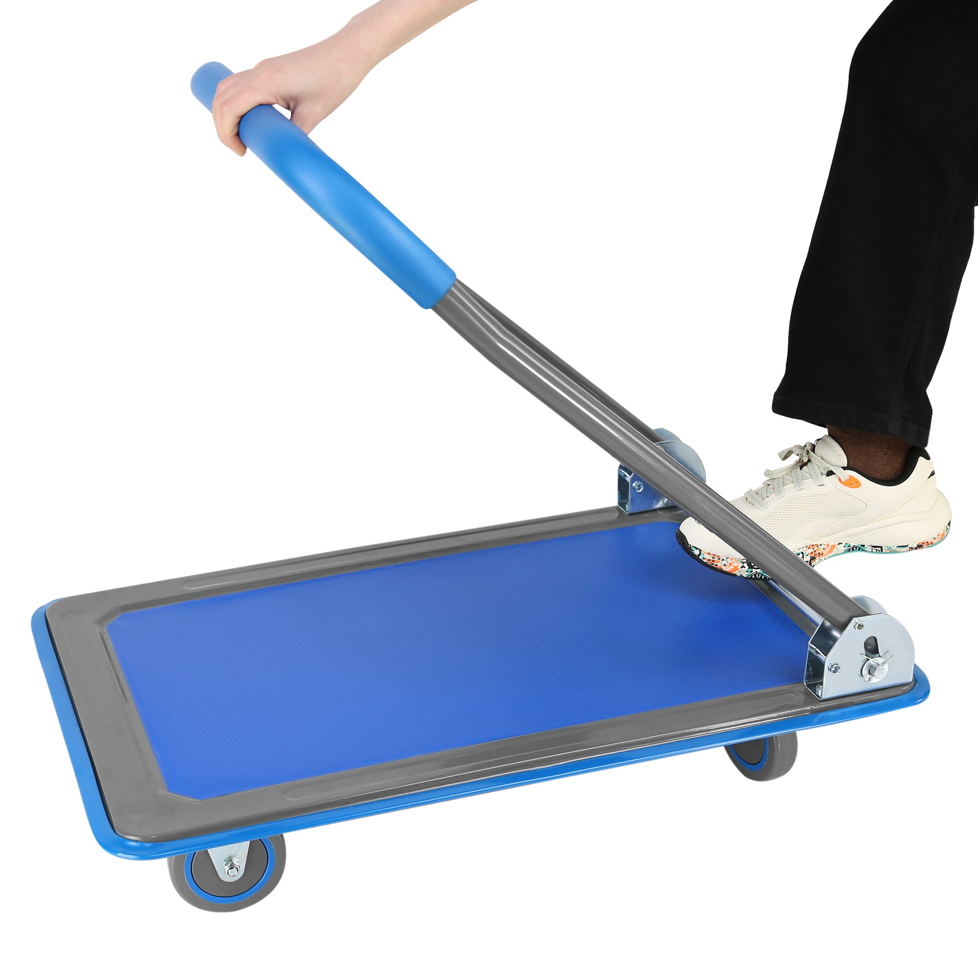 Upgraded Foldable Push Cart Dolly 330 Lbs. Capacity Moving Platform Hand Truck Heavy Duty Space Saving Collapsible Swivel Push Handle Flat Bed Wagon Blue Steel