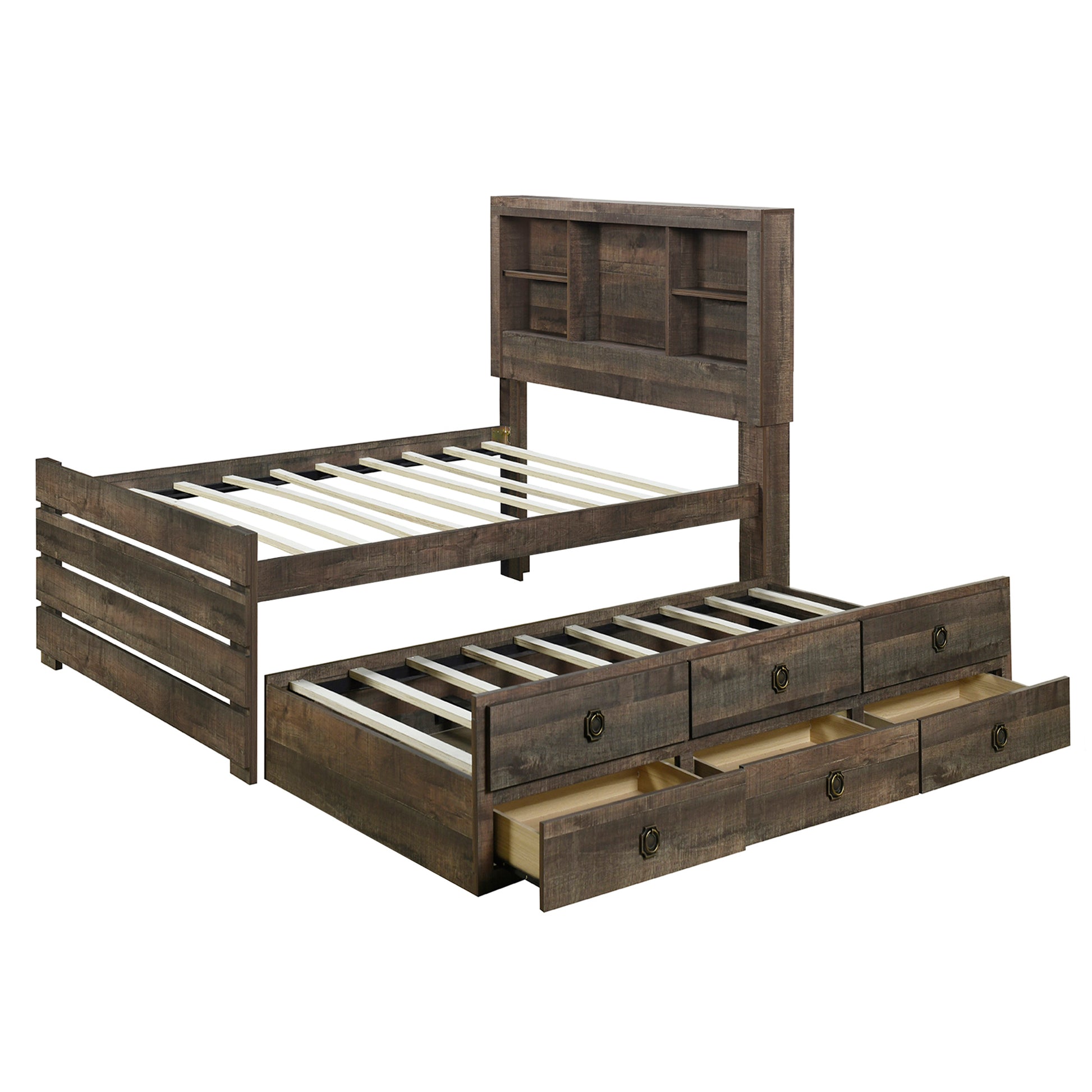 Farmhouse Style Twin Size Bookcase Captain Bed With Three Drawers And Trundle, Rustic Brown Box Spring Not Required Twin Rustic Brown Wood Bedroom Traditional Plywood