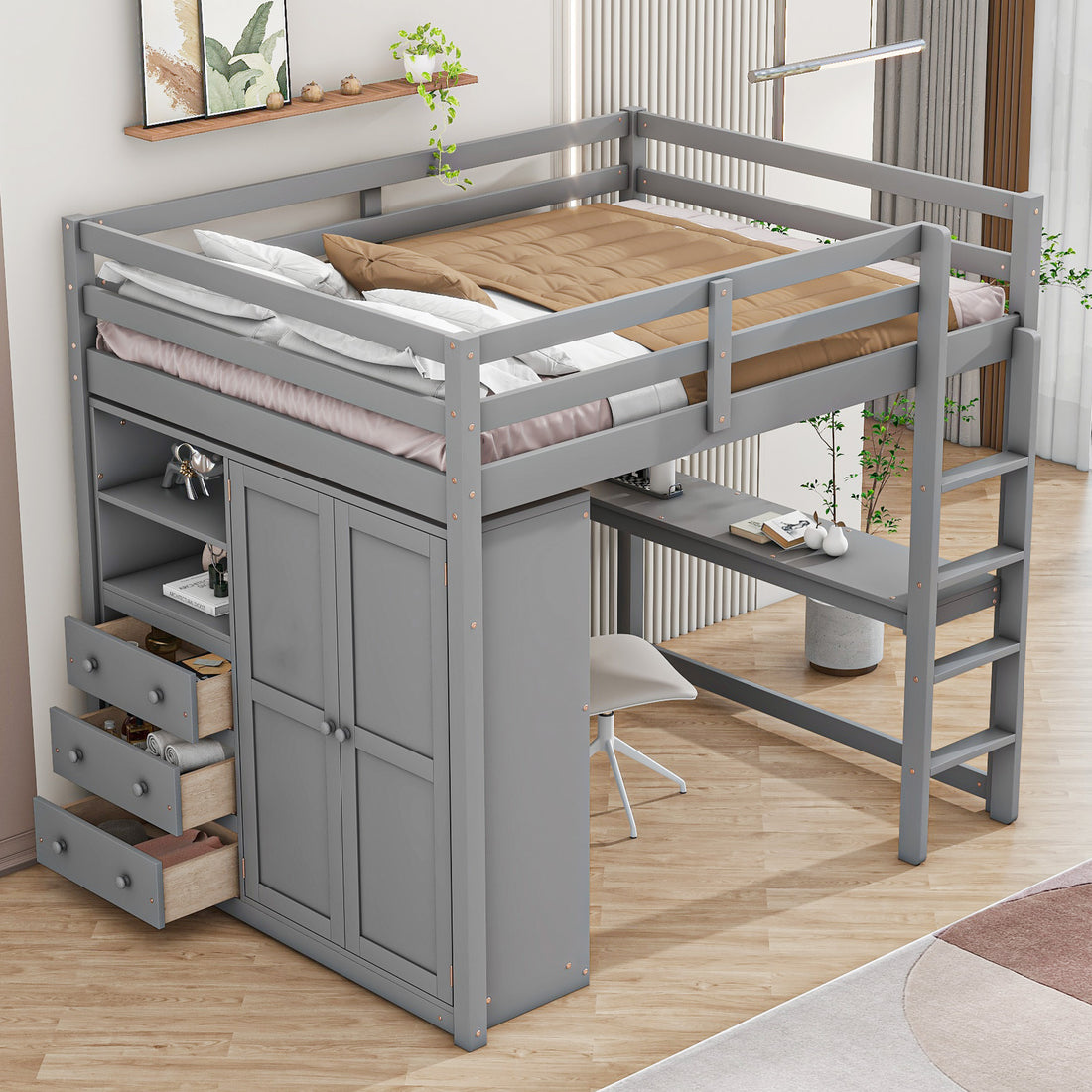 Wood Full Size Loft Bed With Built In Wardrobe, Desk, Storage Shelves And Drawers, Gray Box Spring Not Required Full Gray Wood Bedroom Bed Frame Solid Wood Mdf