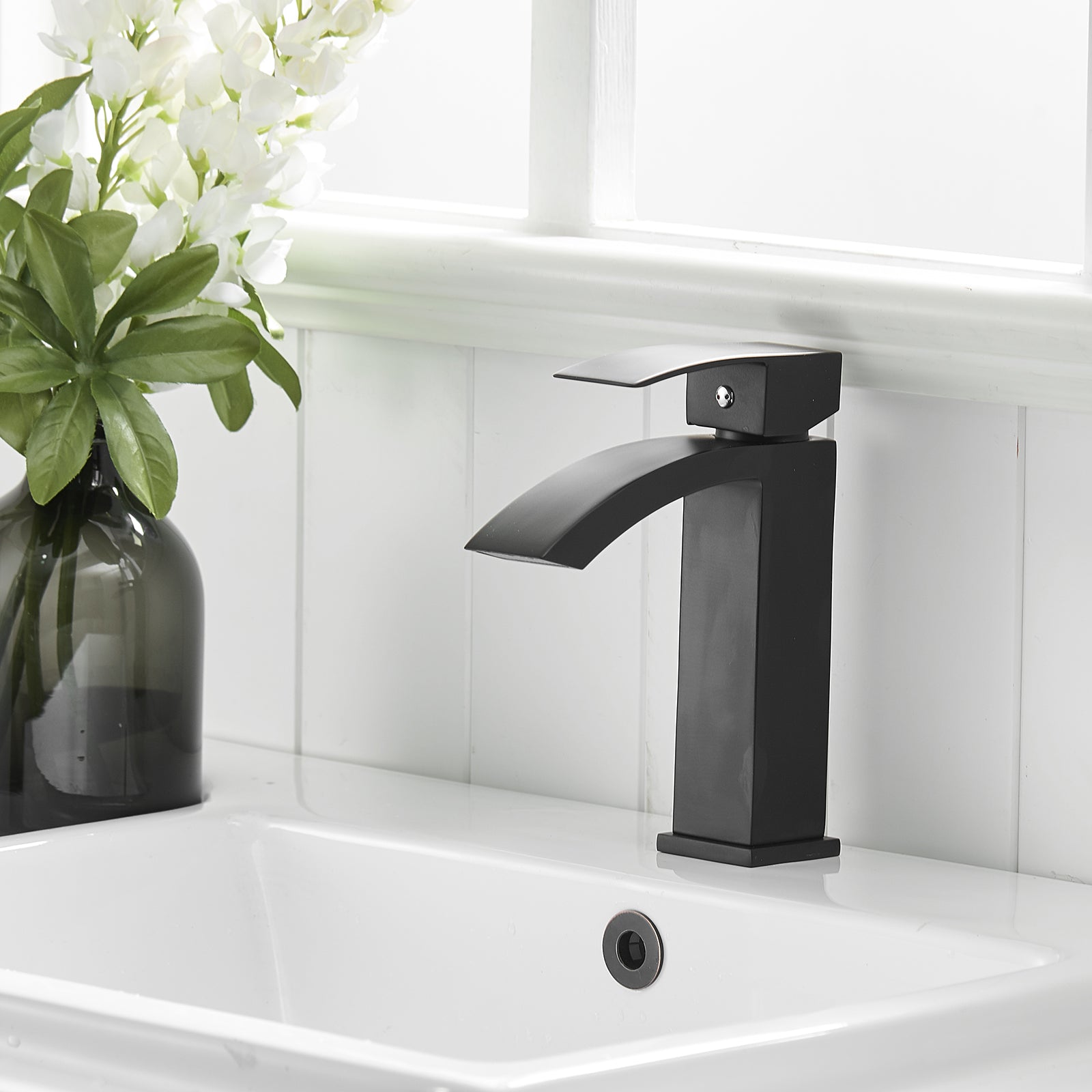 Black Bathroom Faucet, Brushed Black Faucet For Bathroom Sink, Black Single Hole Bathroom Faucet Modern Single Handle Vanity Basin Faucet Bathroom Joystick Geometric One Black Side Sprayer Deck Mounted Cartridge Valve Single Hole Faucets Matte Black