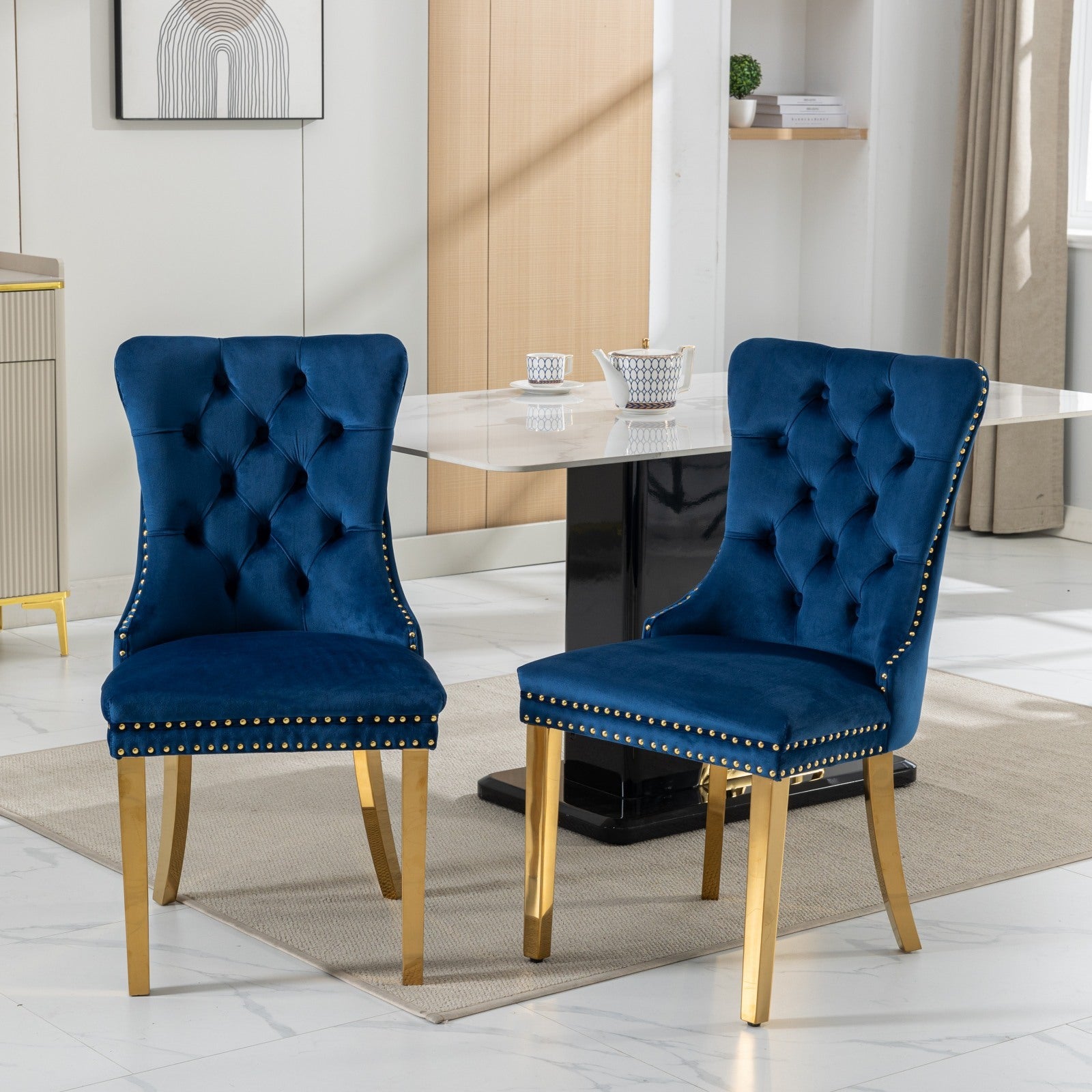 Nikki Collection Modern, High End Tufted Solid Wood Contemporary Velvet Upholstered Dining Chair With Golden Stainless Steel Plating Legs,Nailhead Trim,Set Of 2,Blue And Gold, Sw1601Bl Blue American Design Rubberwood Foam Velvet