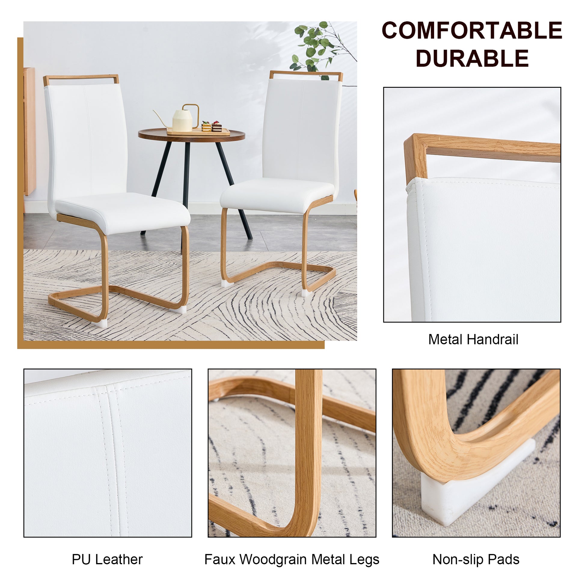 A Table With Four Chairs. Glass Dining Table With 0.39 "Tempered Glass Tabletop And Wooden Metal Legs. Pu Leather High Backrest Cushioned Side Chair With C Shaped Chrome Metal Legs. Transparent Glass