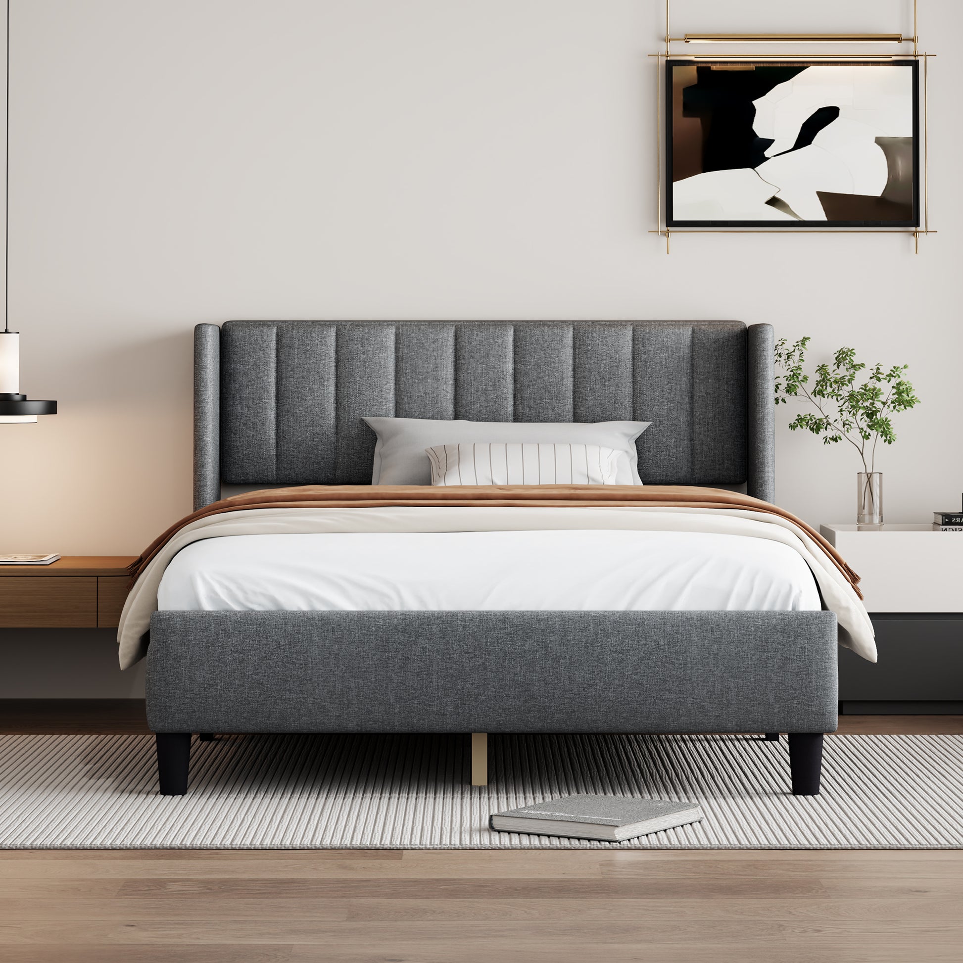 Queen Size Upholstered Platform Bed Frame With Headboard, Mattress Foundation, Wood Slat Support, Quiet, No Box Spring Needed, Easy To Assemble Light Grey Light Gray Wood