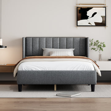 Queen Size Upholstered Platform Bed Frame With Headboard, Mattress Foundation, Wood Slat Support, Quiet, No Box Spring Needed, Easy To Assemble Light Grey Light Gray Wood