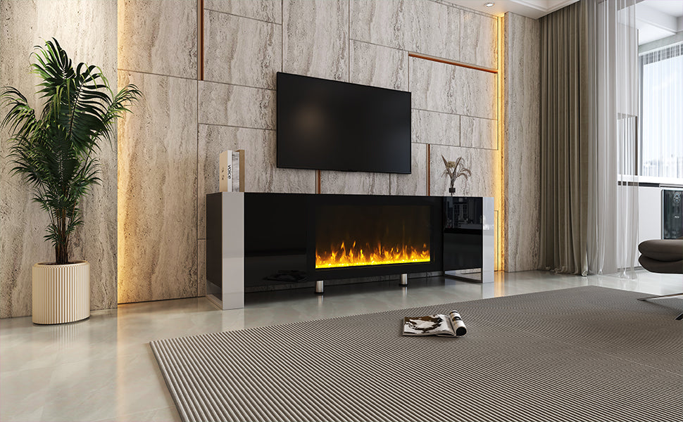 Modern Tv Stand With 34.2" Non Heating Electric Fireplace, High Gloss Entertainment Center With 2 Cabinets, Media Console For Tvs Up To 78", Black Black Primary Living Space 70 79 Inches 70 79 Inches Modern Mdf