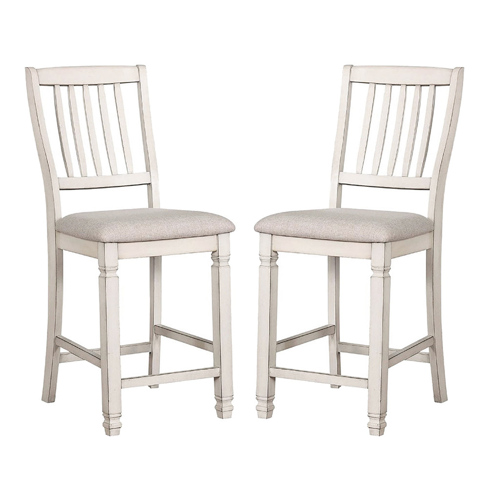 Pack Of 2 Counter Height Chairs In Antique White And Light Gray Solid Antique White Dining Room Dining Chairs Slat Back Wood Fabric